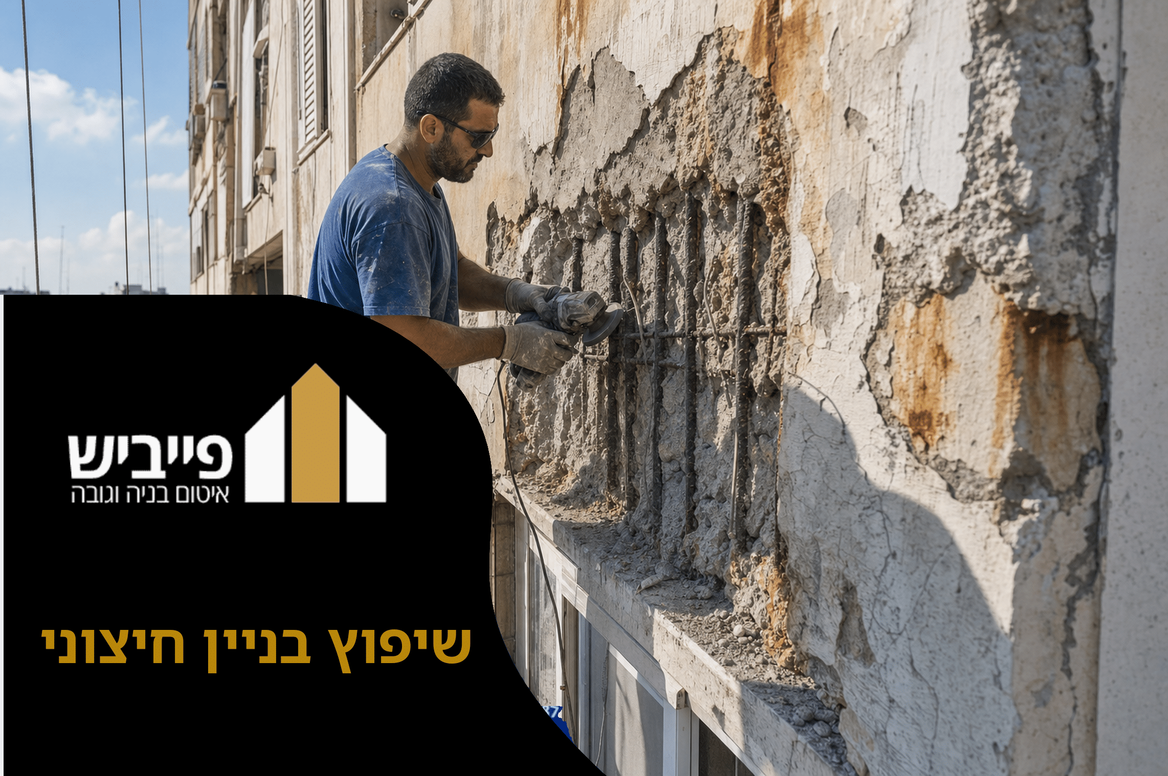 צוות שיפוץ בניין חיצוני מבצע עבודות גובה בחזית מבנה, שיקום בטון וצביעה