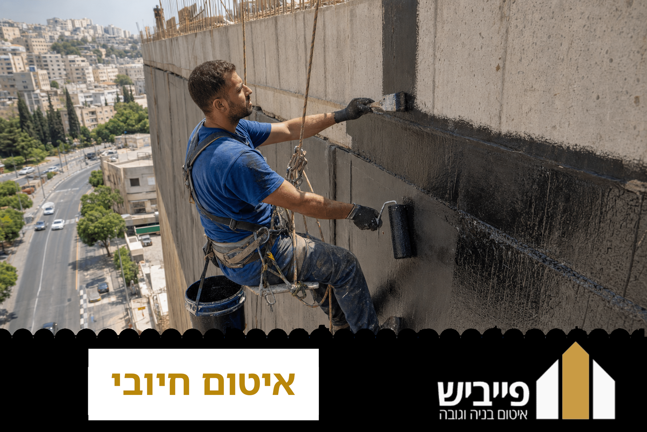 ביצוע איטום חיובי במרתף בסנפלינג, קבלן מוסמך מורח חומר איטום על קיר חיצוני — פייביש איטום וגובה