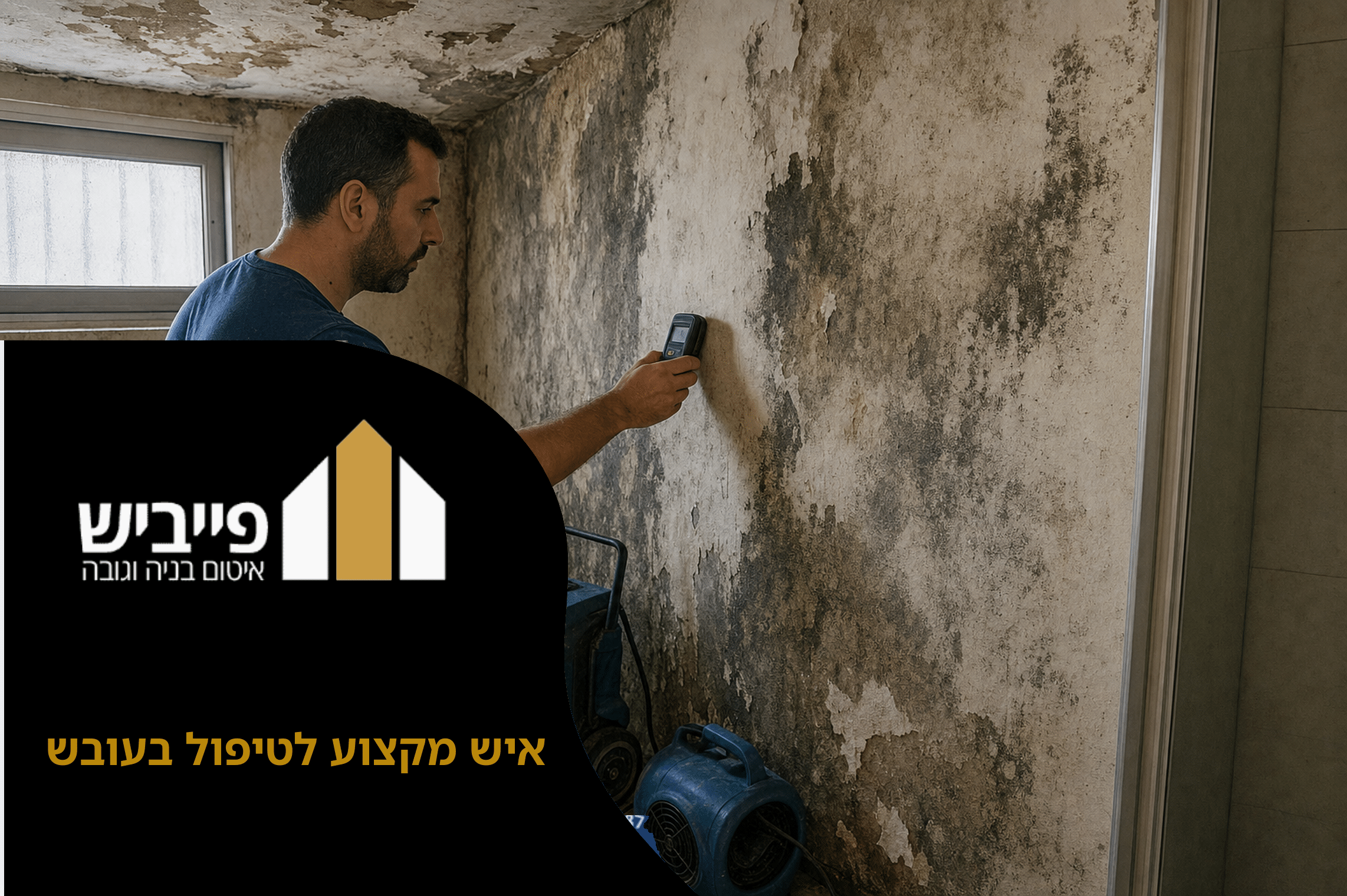 טיפול מקצועי בעובש — הסרה יסודית וייבוש קיר נגוע לאחר איתור נזילה סמויה בבית