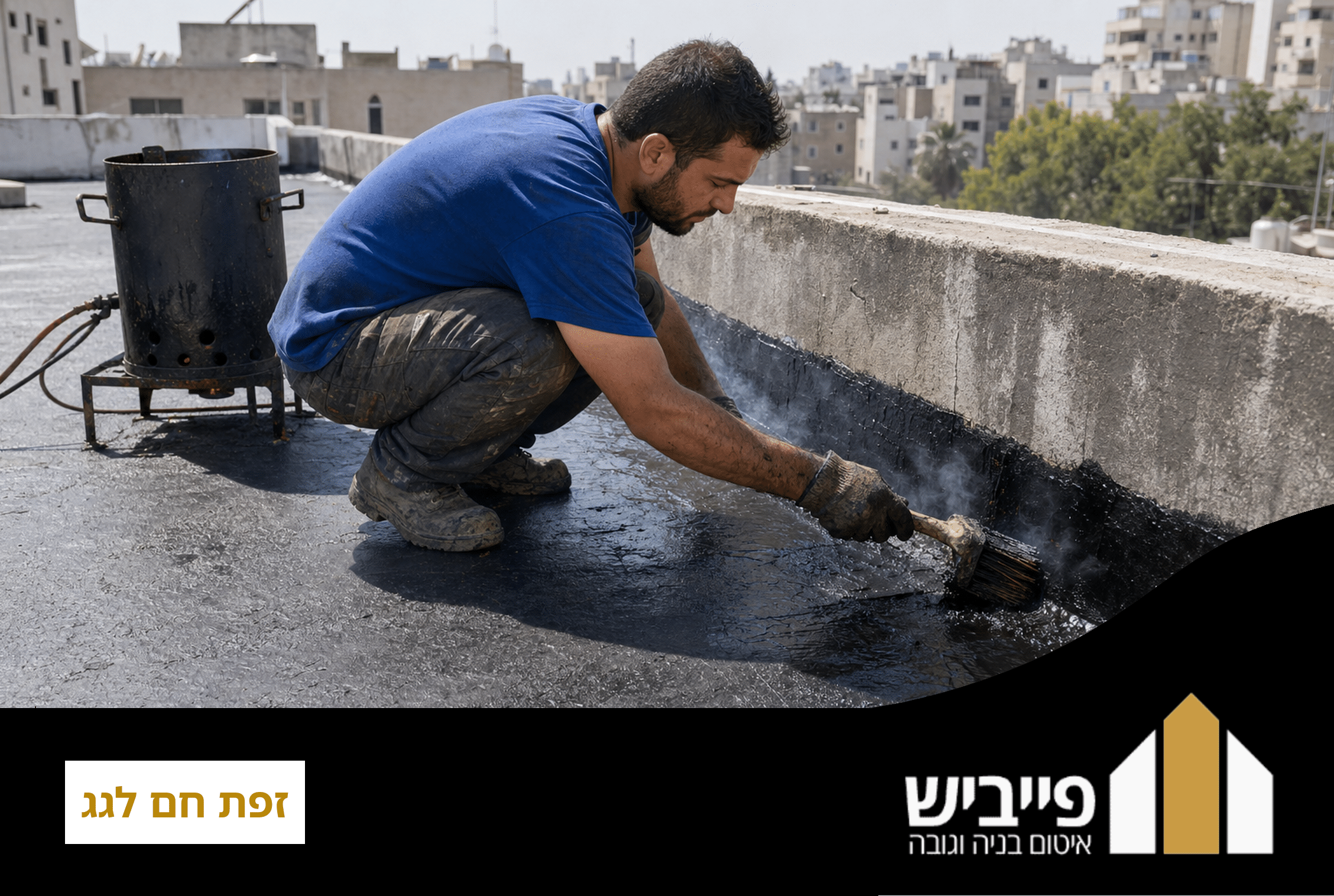 שכבת זפת חם שחור מונחת על גג בטון לאחר מריחה, עבודה מקצועית עם הגנה של עד 10 שנים
