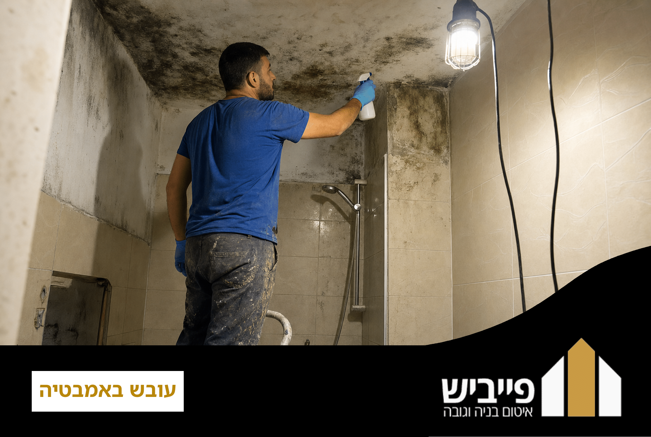 פינת אמבטיה עם עובש על תקרת גבס וקירות רטובים — תוצאה של קונדנסציה ואוורור לא מספק