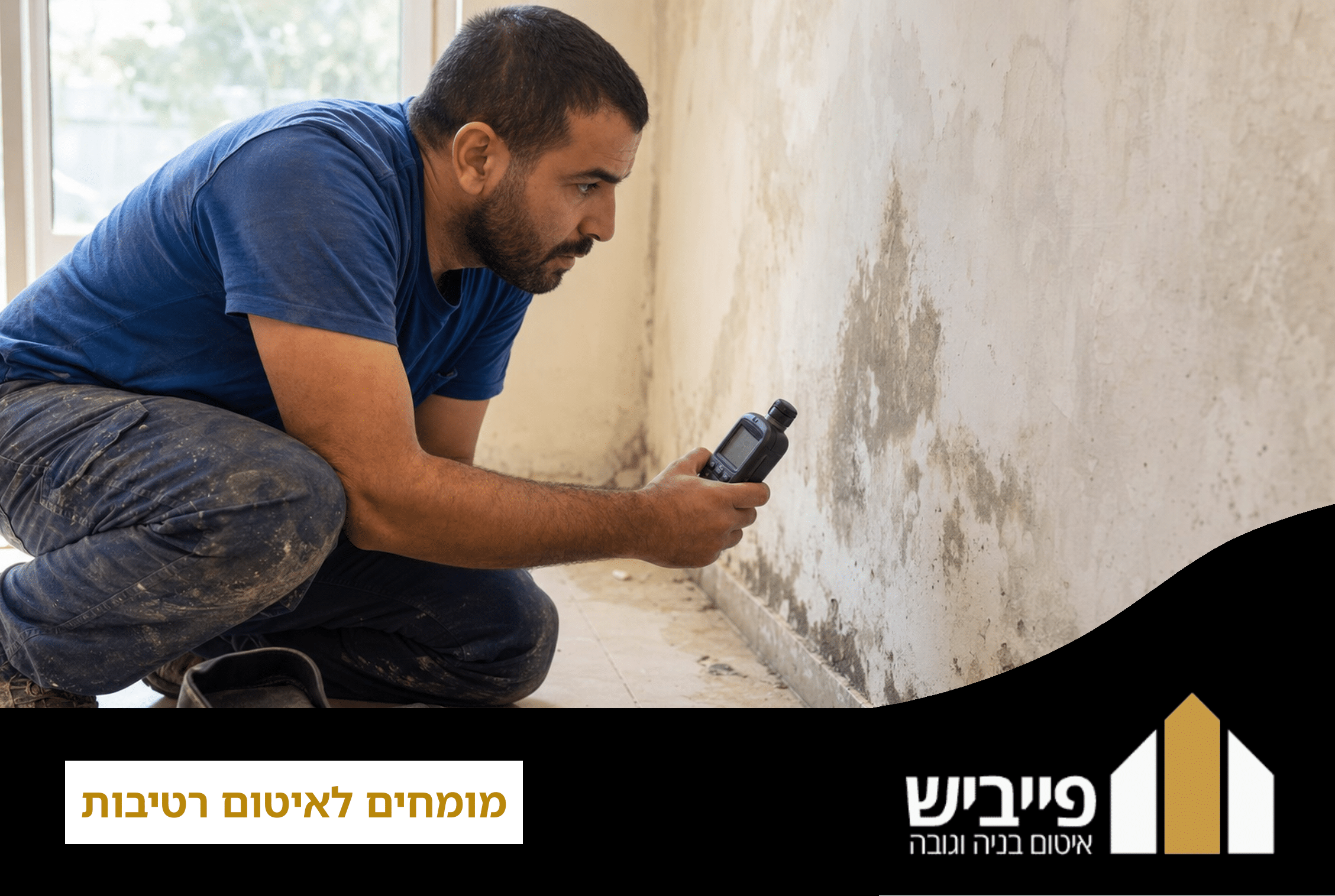 מומחים לאיטום רטיבות בודקים קיר רטוב עם מצלמה תרמית ומד לחות לאיתור מקור החדירה