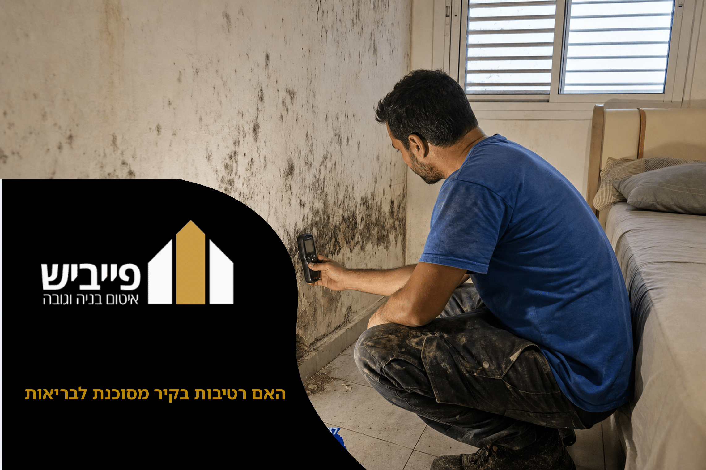 כתם רטיבות בקיר פנימי עם עובש שחור המהווה סכנה בריאותית לתושבי הבית — פייביש איטום בנייה וגובה
