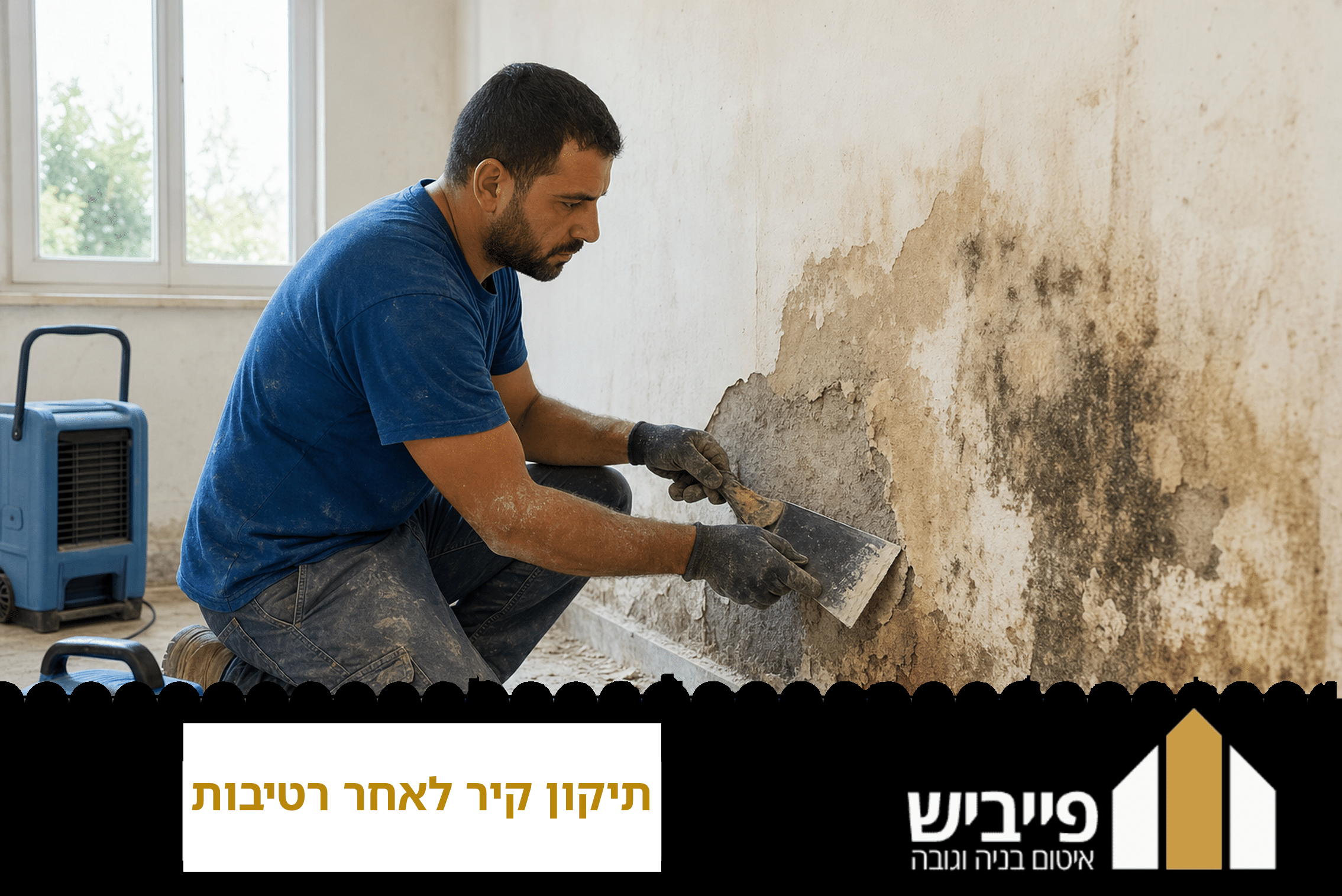 תיקון קיר לאחר רטיבות — קיר פגוע מים עם כתמים וטיח מתקלף, לפני טיפול מקצועי