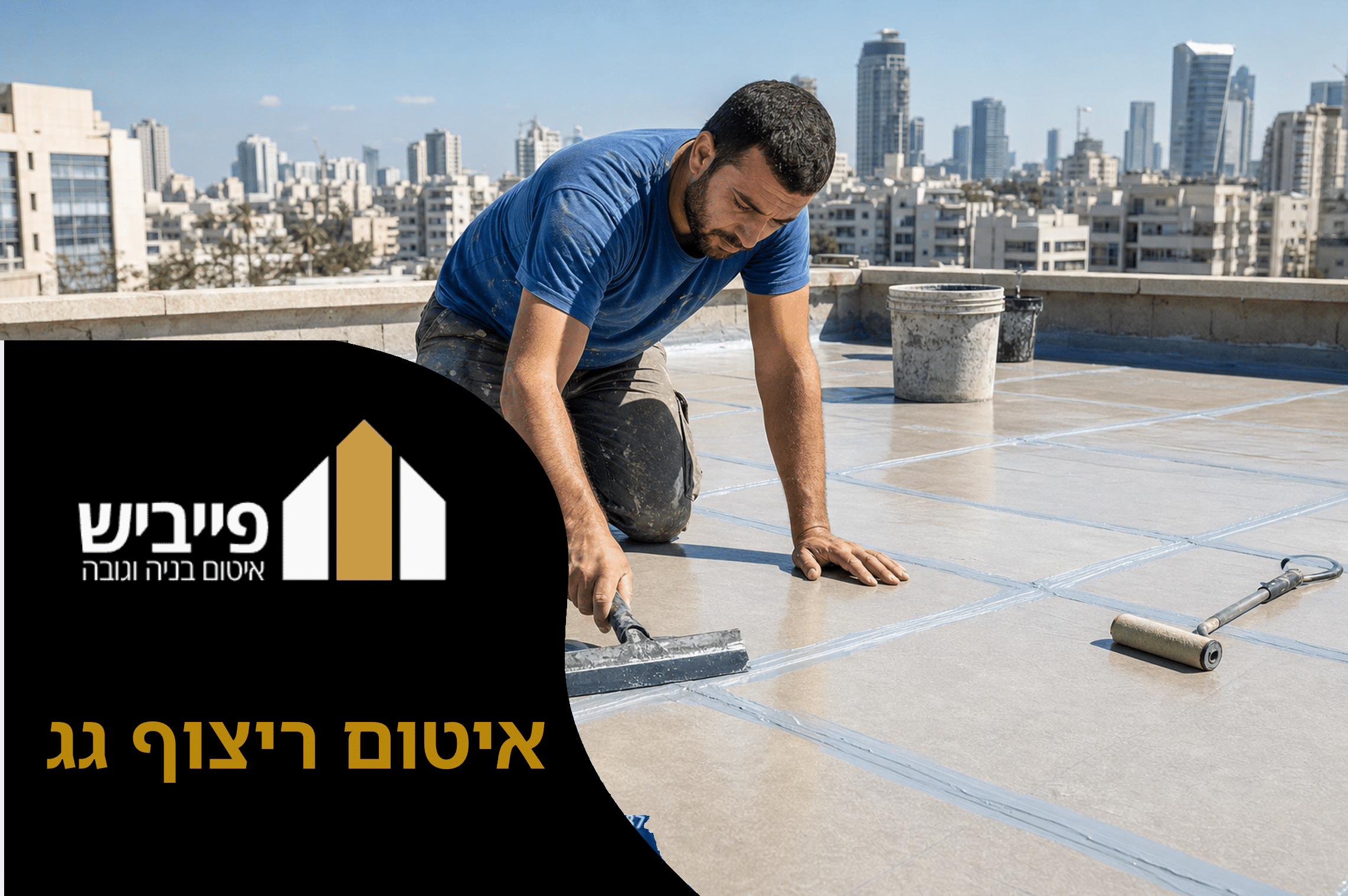 גג מרוצף עם שכבת איטום פוליאוריטן על החריצים בין האריחים למניעת חדירת מים