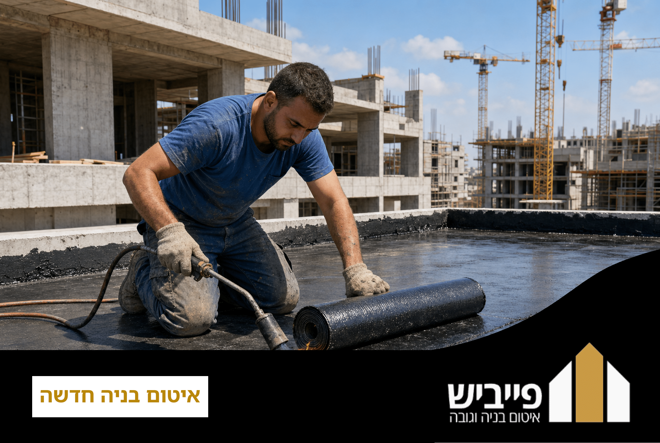 איטום בניה חדשה — שכבת יריעות ביטומניות על גג בטון במהלך פרויקט בנייה, עם עובדים מקצועיים ברקע