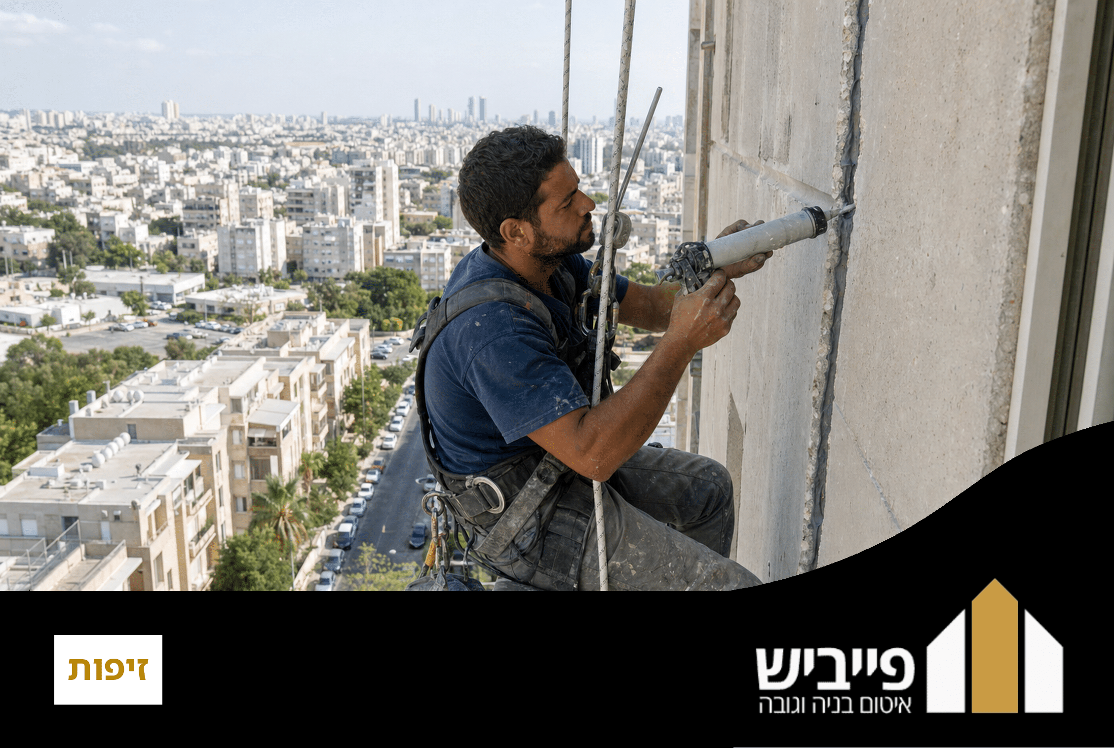 עובד זיפות מוסמך יורד על חבלים לביצוע איטום חזית במבנה רב-קומות עם ציוד מאושר תקן