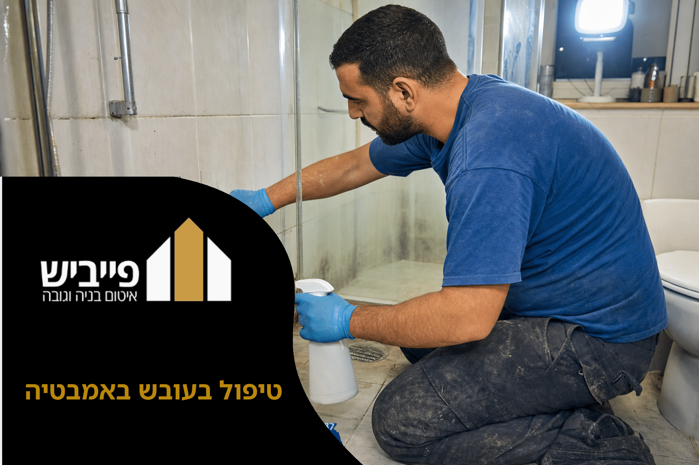 טיפול בעובש באמבטיה — מומחה מנקה כתמי עובש שחורים מתפרים בין אריחים לבנים בעזרת חומר אנטי-פטרייתי