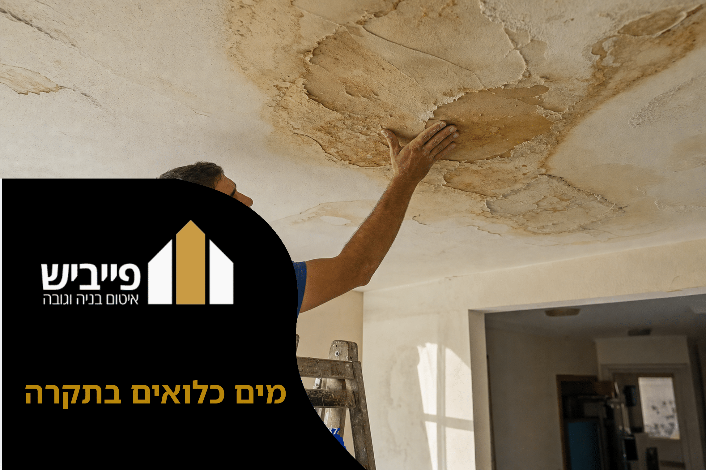 כתם מים בתקרה שמתפשט בגלל מים כלואים, סימן לחדירת מים מהגג או מצנרת פגומה — צילום מקרוב