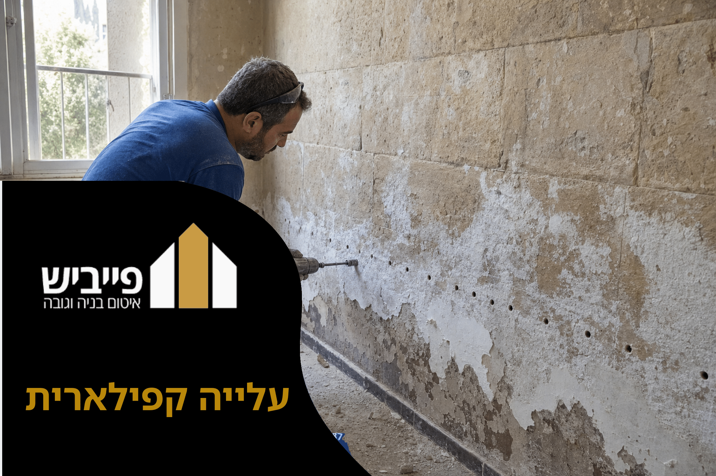 פס לחות אופקי בתחתית קיר עם משקעי מלח לבנים — סימן לעלייה קפילארית בקיר יסוד ללא איטום