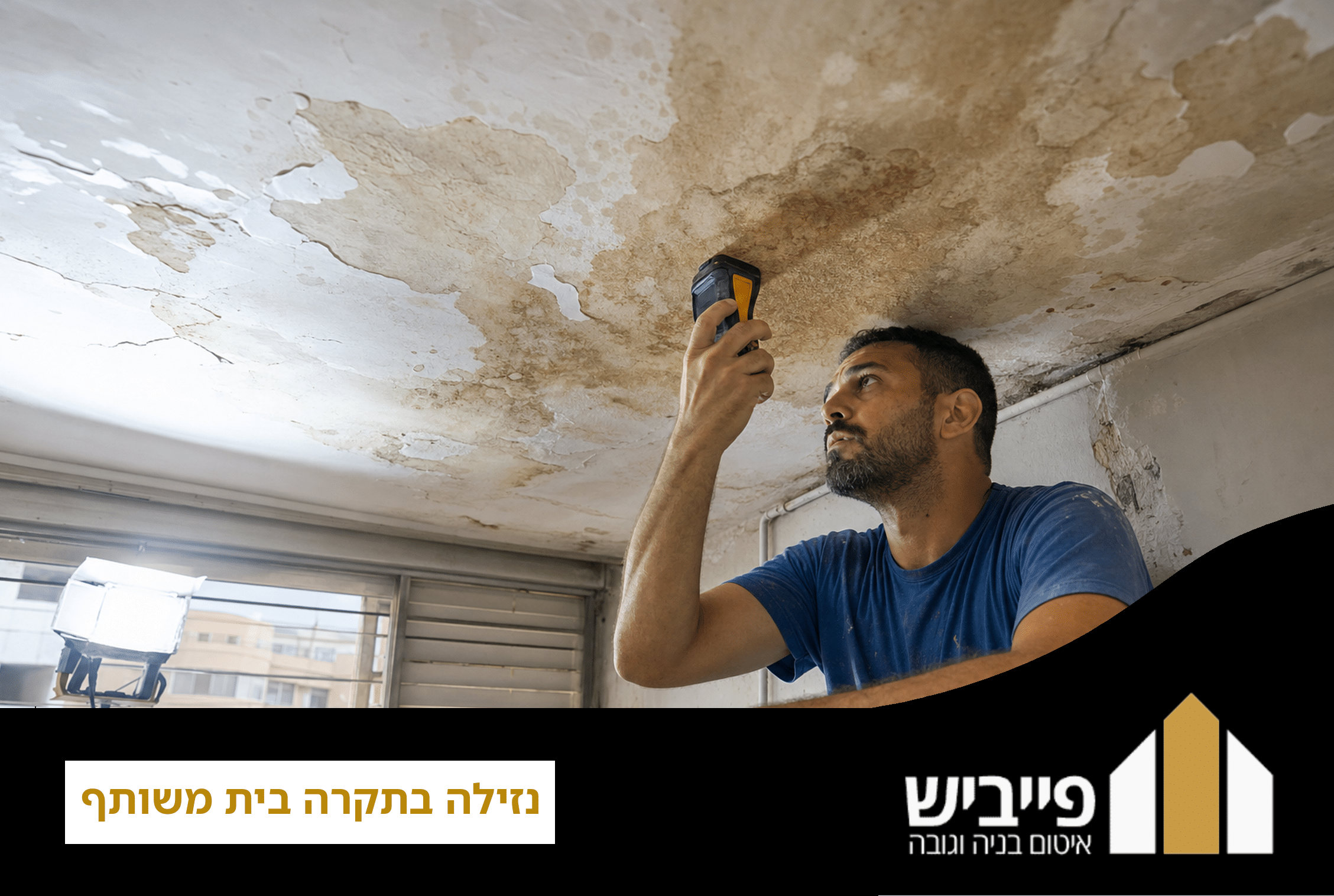 נזילה בתקרה בבית משותף עם כתם רטיבות חום ומים מטפטפים — בעיה שדורשת איתור מקור וטיפול מקצועי