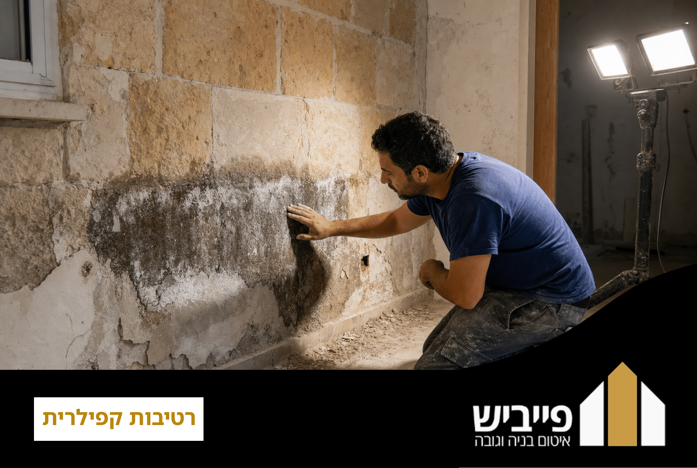 סימני רטיבות קפילרית בקיר חיצוני — כתמים לחים ועליית מלחים בתחתית הקיר