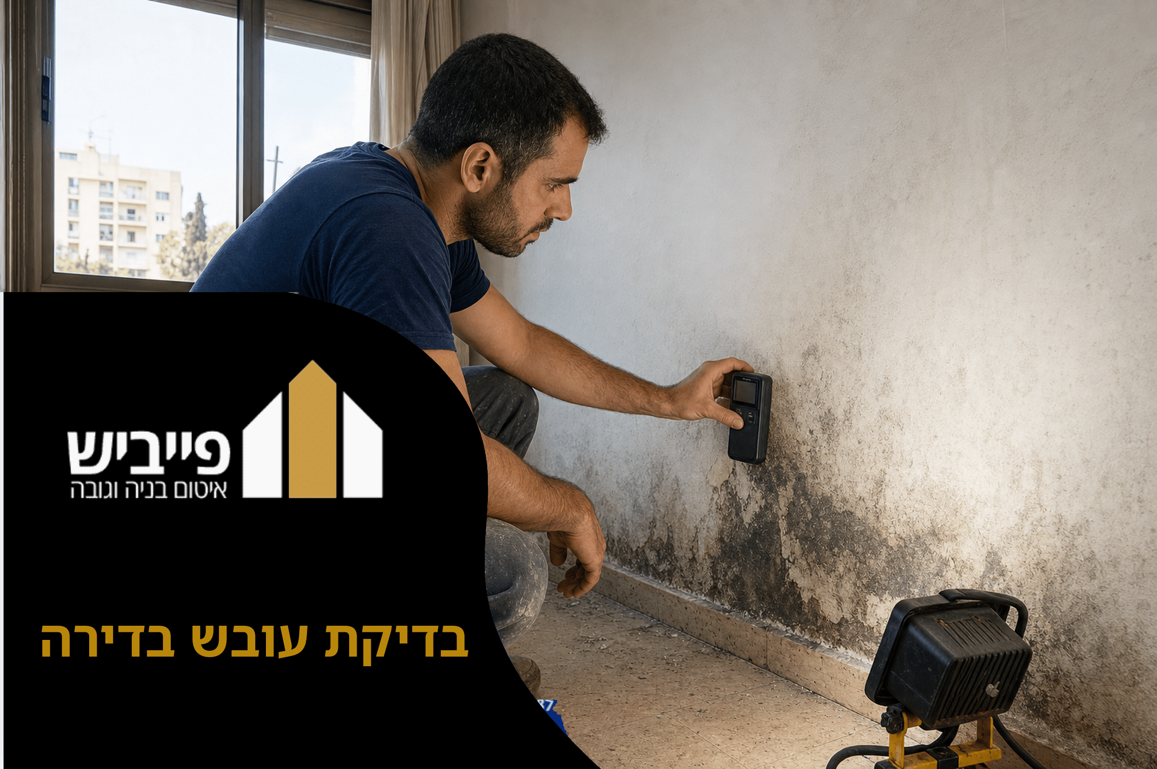 בדיקת עובש בדירה עם מד לחות מקצועי על קיר עם כתמי עובש — פייביש איטום בנייה וגובה