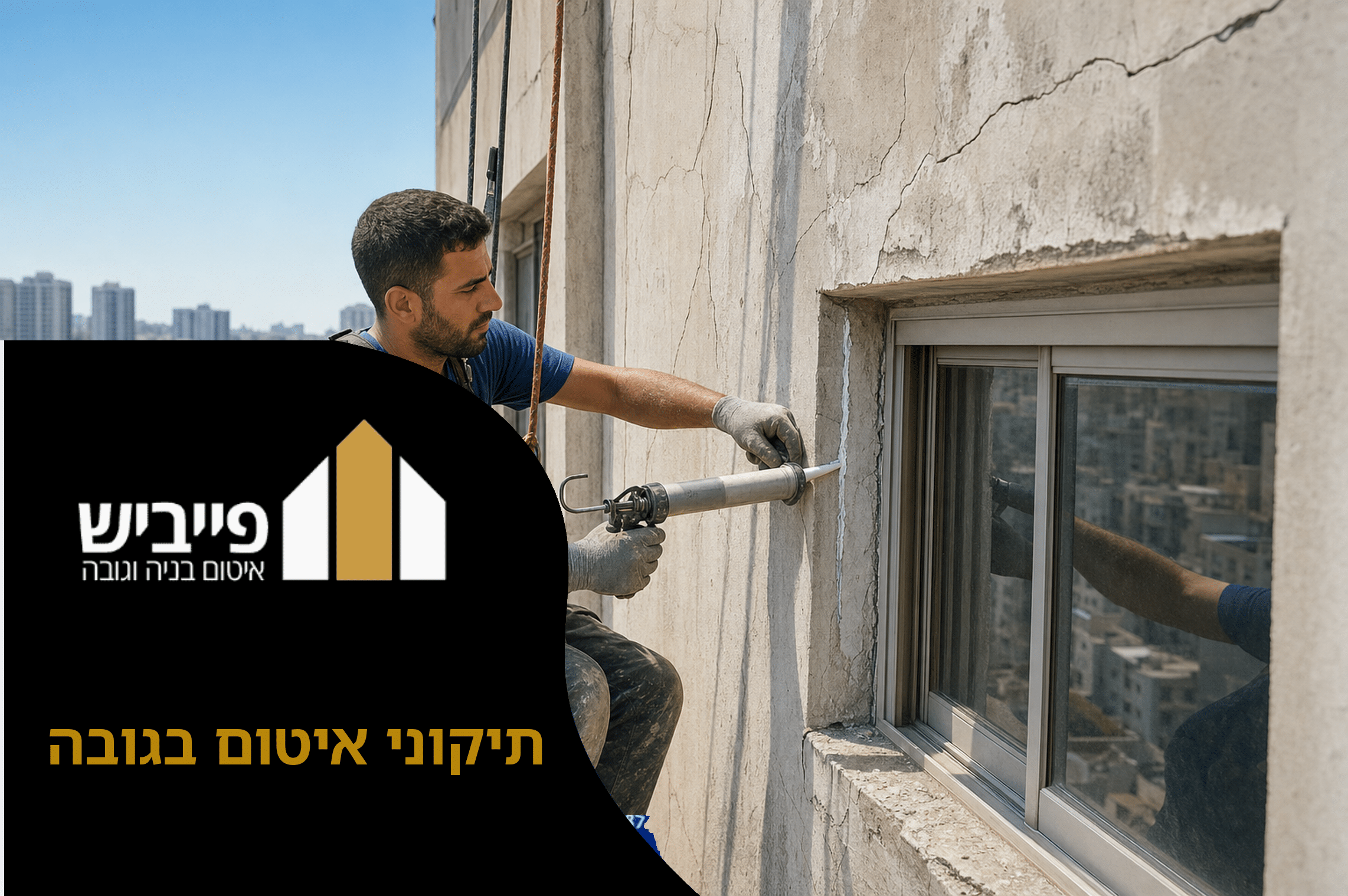 קבלן מבצע תיקוני איטום בגובה על חזית בניין באמצעות ציוד סנפלינג מקצועי, מורח פוליאוריטן סביב חלון