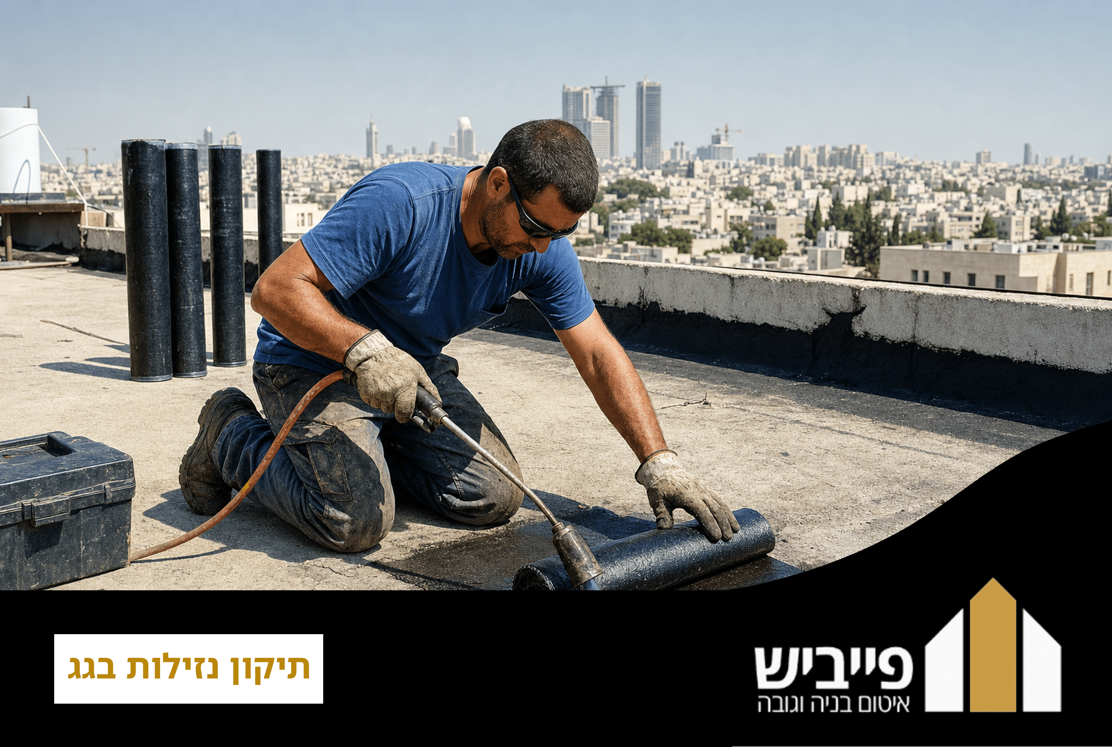 תיקון נזילות בגג על ידי קבלן מקצועי המבצע איטום ממוקד עם יריעות ביטומניות — פייביש איטום בנייה וגובה