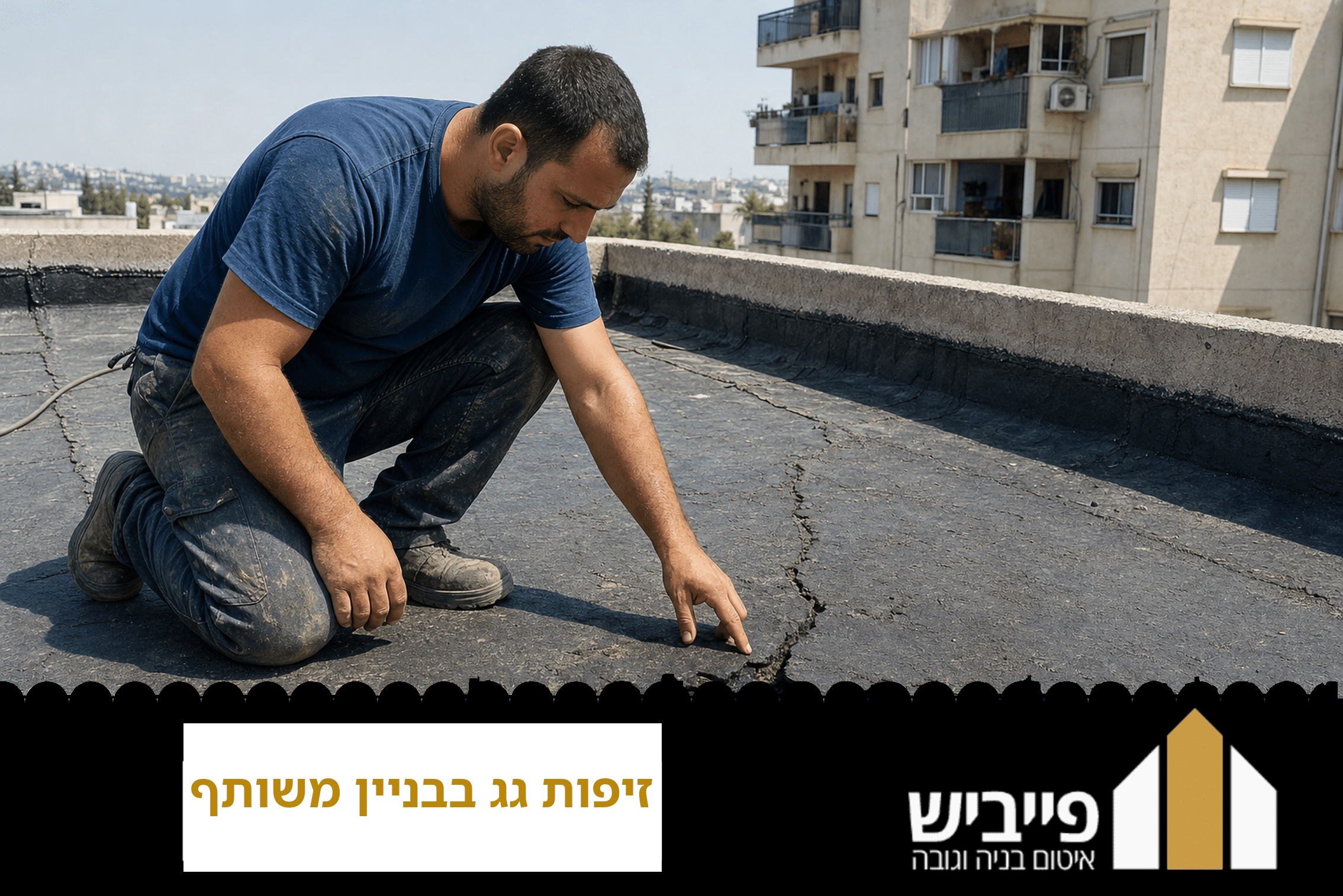 זיפות גג בבניין משותף — כתם רטיבות בתקרה בקומה עליונה לאחר נזילה מהגג, דורש טיפול מקצועי של פייביש