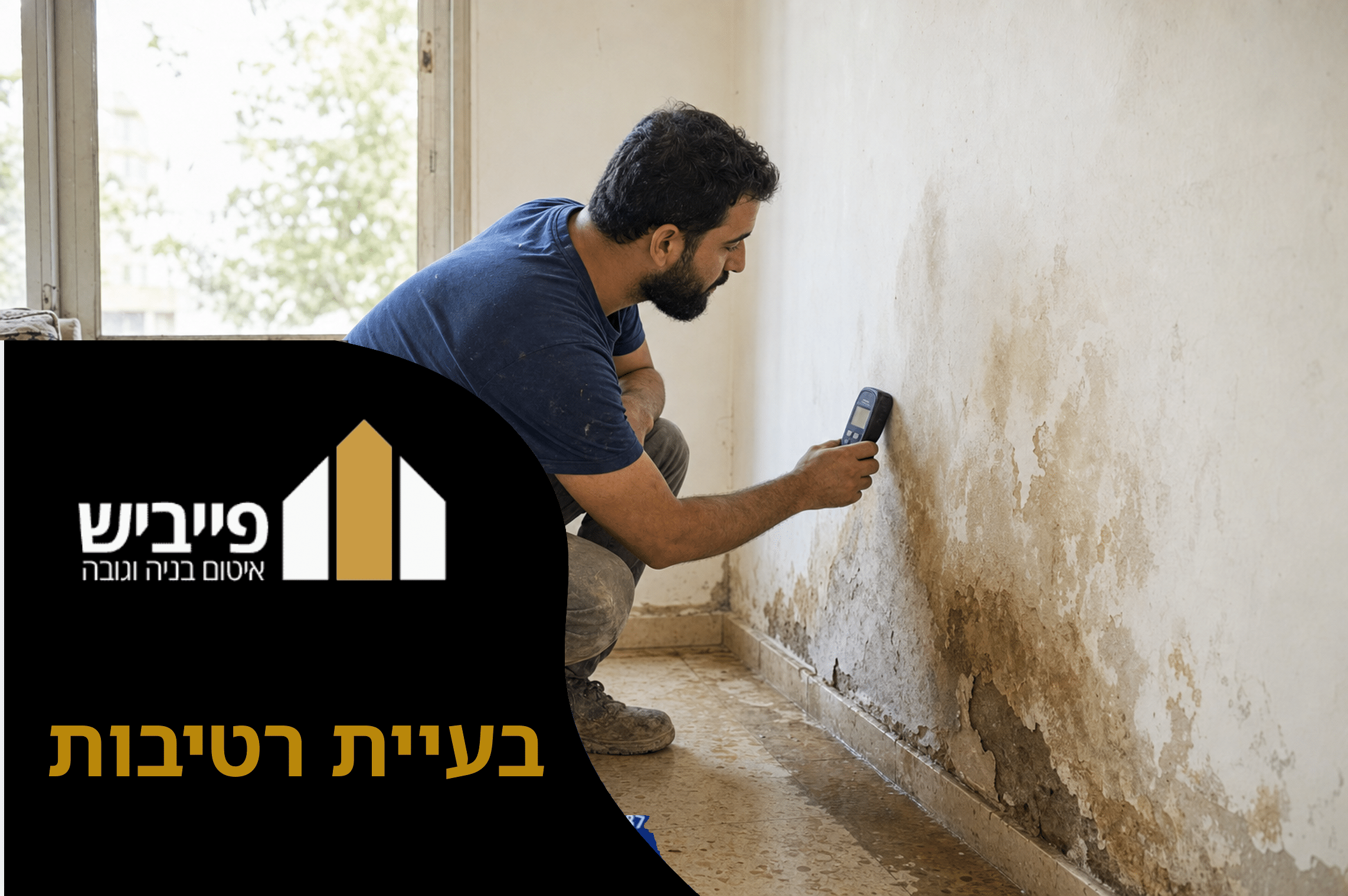 כתם רטיבות על קיר פנימי עם התפתחות עובש — בעיית רטיבות שדורשת טיפול מקצועי של פייביש איטום