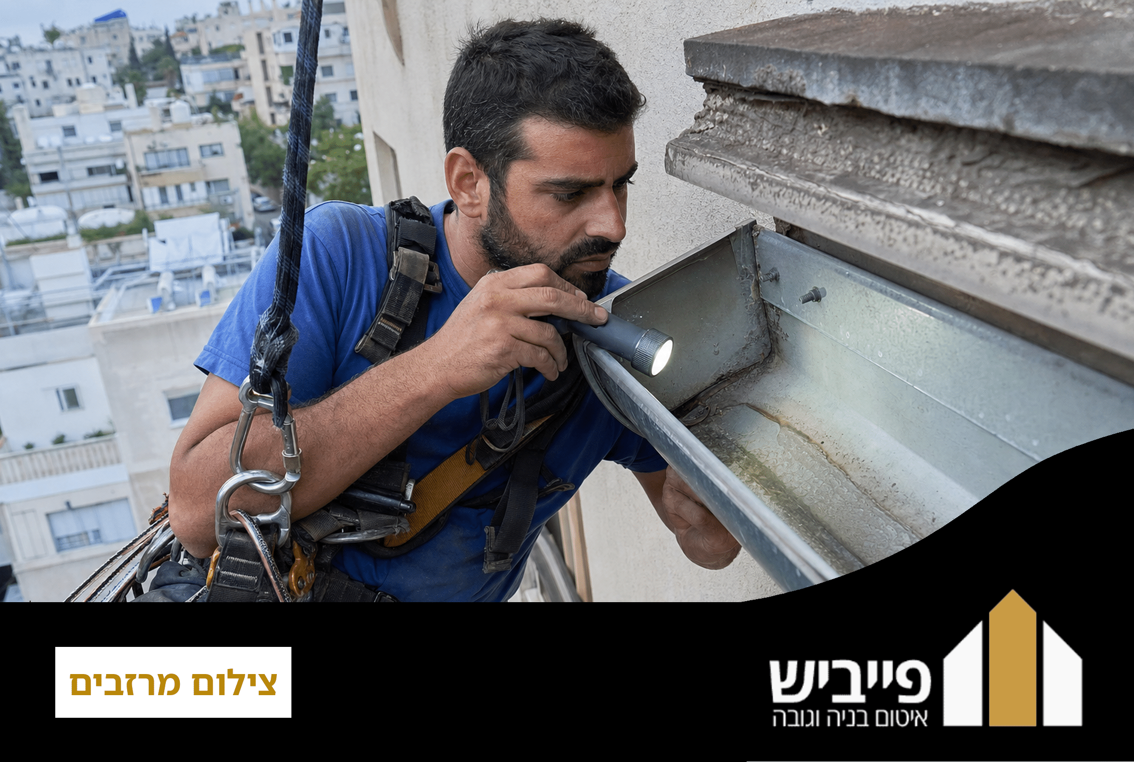 בדיקת צילום מרזבים מקצועית בגובה עם ציוד סנפלינג, מומחה מתעד סדקים ונזקים בתעלת המרזב