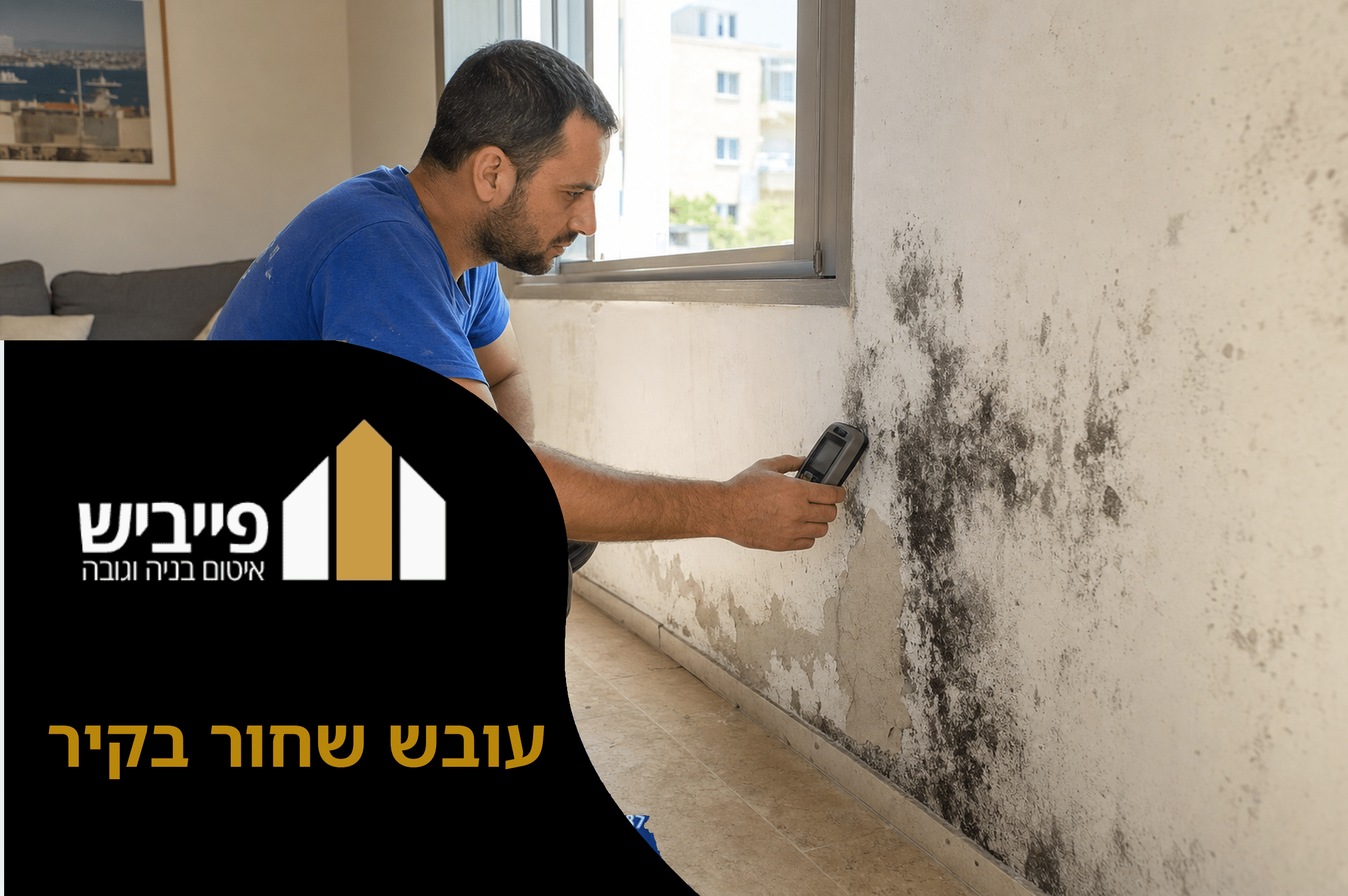 כתם עובש שחור בקיר בחדר אמבטיה, דורש טיפול מקצועי לאיתור מקור הרטיבות ומניעת התפשטות נוספת