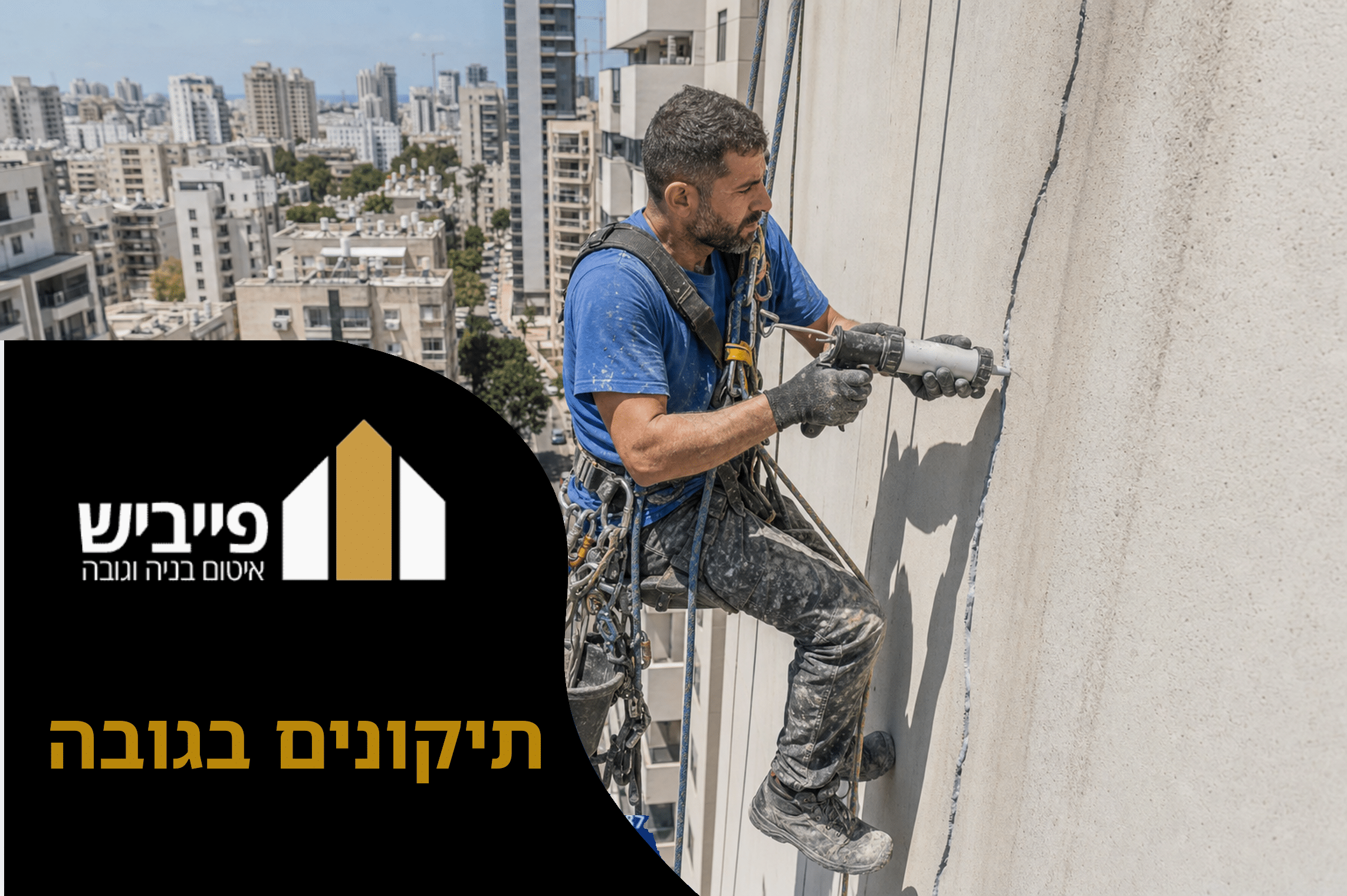 קבלן מבצע תיקונים בגובה בסנפלינג על חזית בניין, עם ציוד בטיחות מאושר ורתמת גלישה מקצועית