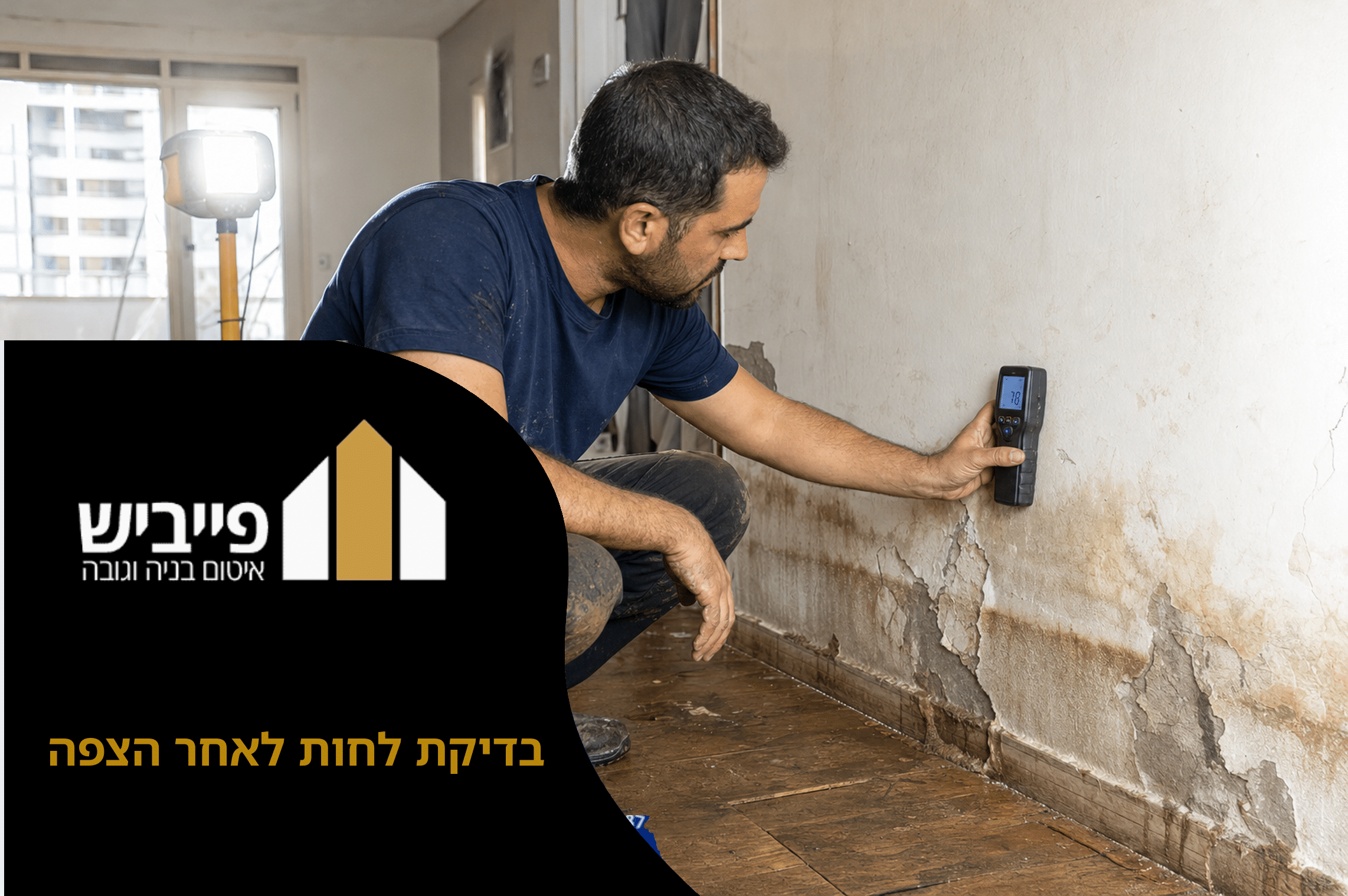 טכנאי מבצע בדיקת לחות לאחר הצפה עם גלאי דיגיטלי בקיר גבס רטוב, מציג קריאת 22% לחות
