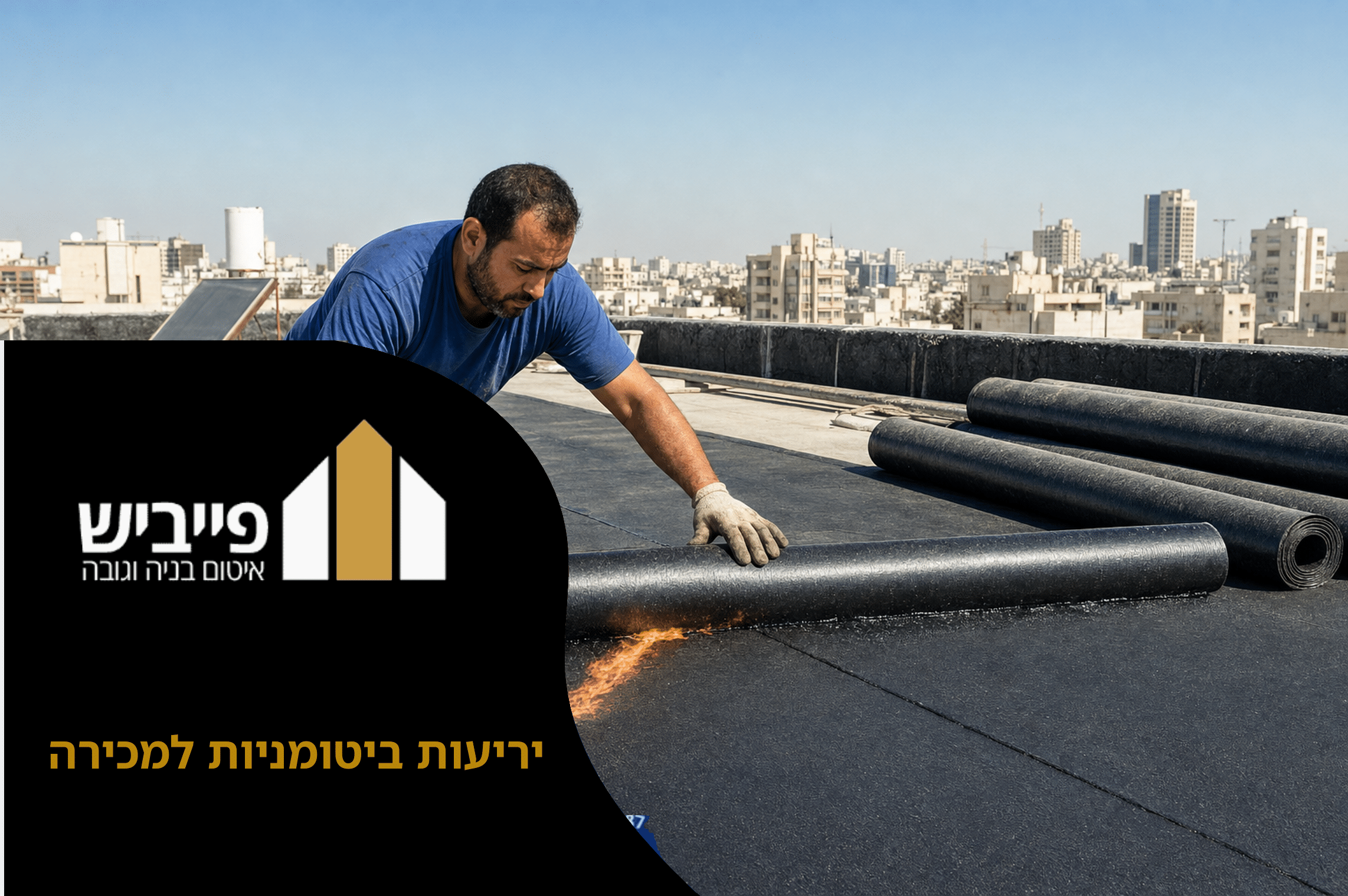 יריעות ביטומניות למכירה מונחות בגלילים על משטח גג מוכן להתקנה, קבלן מקצועי מודד ובודק איכות היריעות