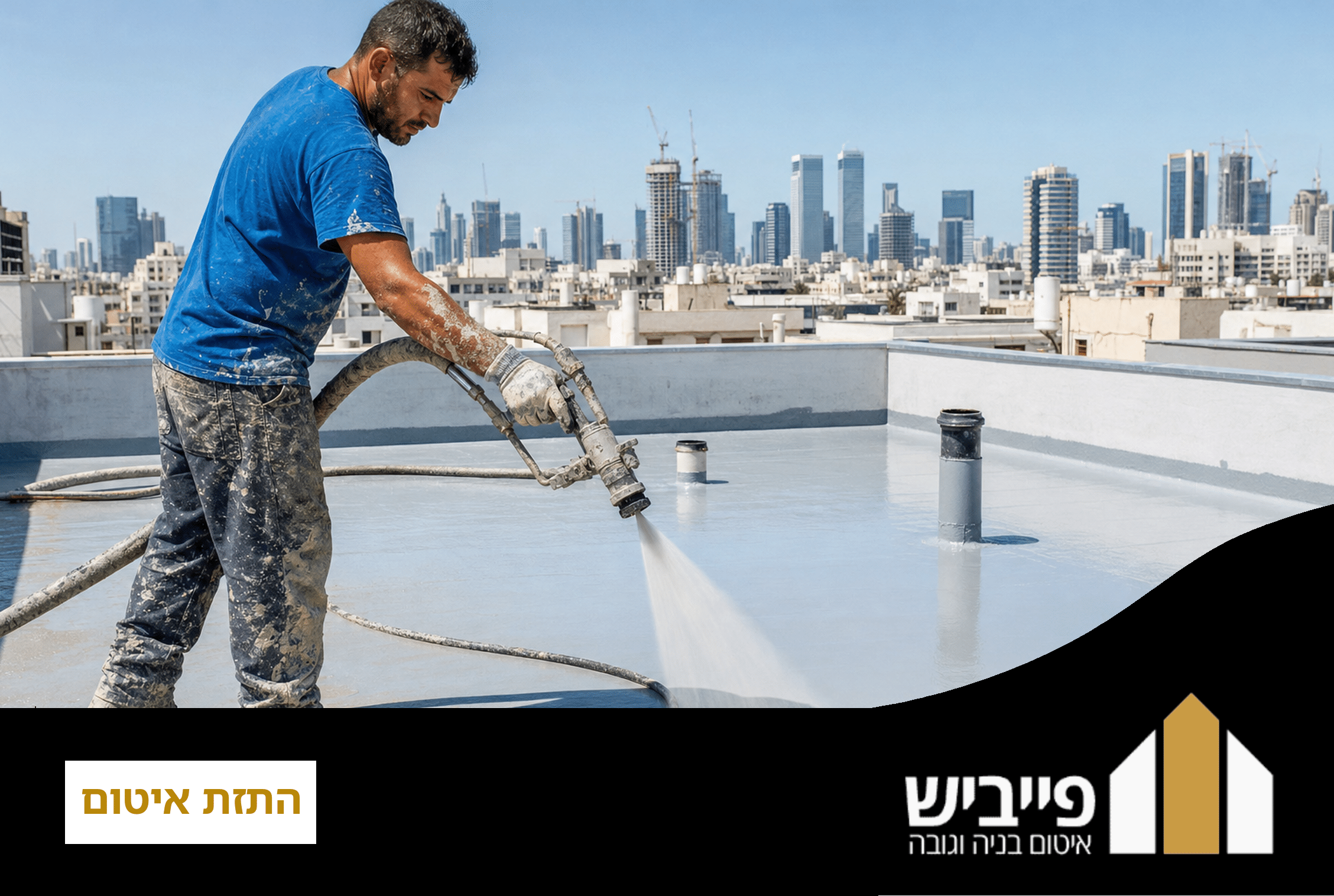 התזת איטום פוליאוריטן על גג בטון שטוח עם ציוד מקצועי — פייביש איטום בנייה וגובה