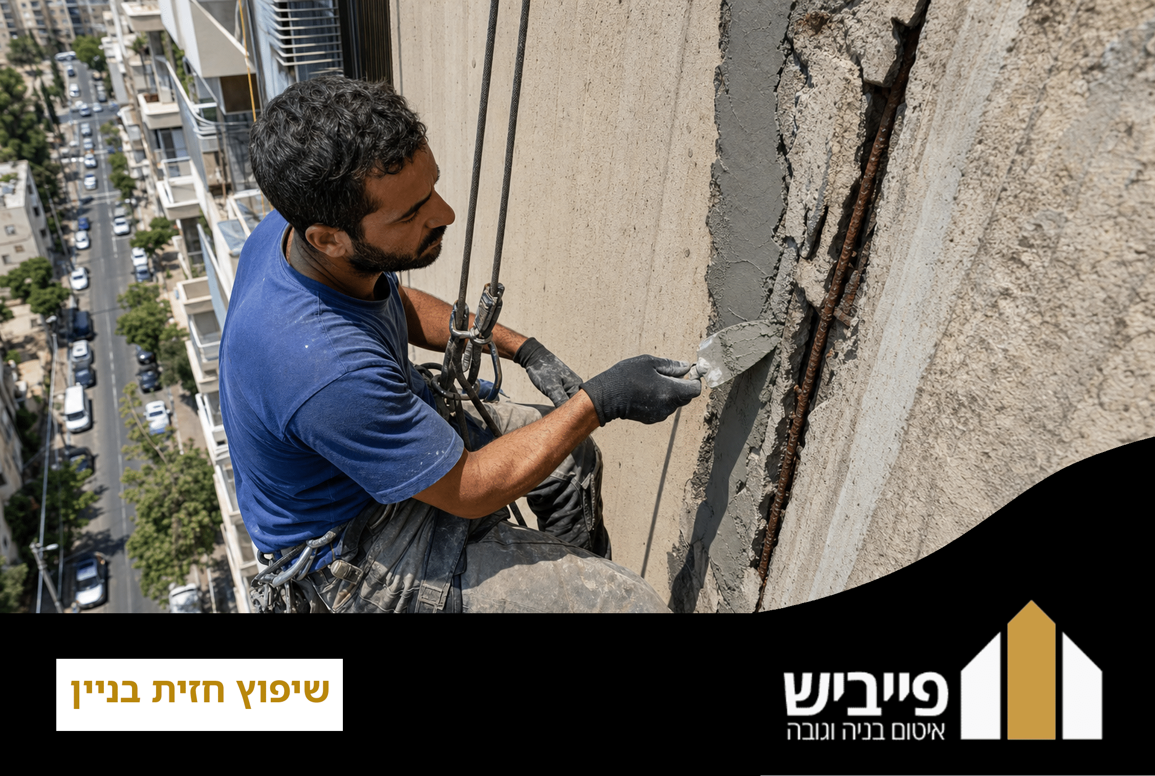 עובד בסנפלינג מבצע שיפוץ חזית בניין רב קומות, עם חבלי בטיחות וציוד מקצועי לתיקון בטון
