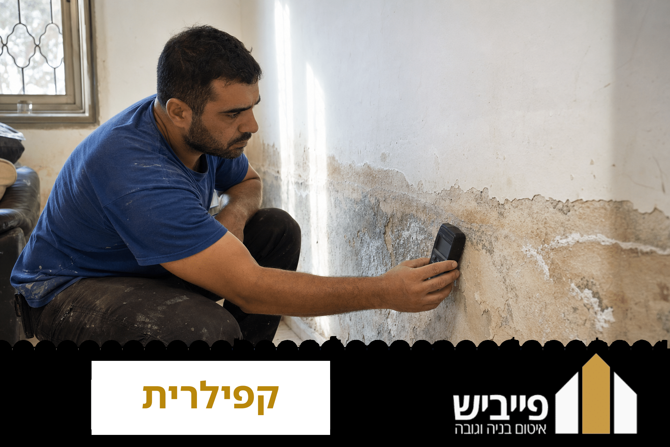 פס רטיבות קפילרית בחלק התחתון של קיר בניין עם מלחים לבנים ועובש — דוגמה לבעיה שדורשת איטום מקצועי