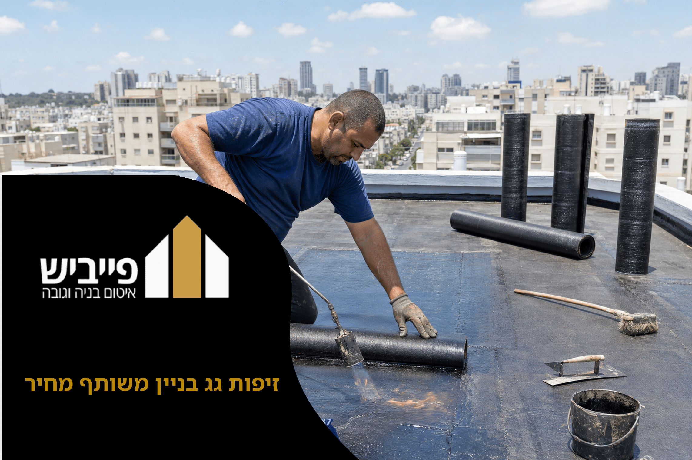 זיפות גג בניין משותף בביצוע עם יריעות ביטומניות על ידי צוות מקצועי עם ציוד בטיחות