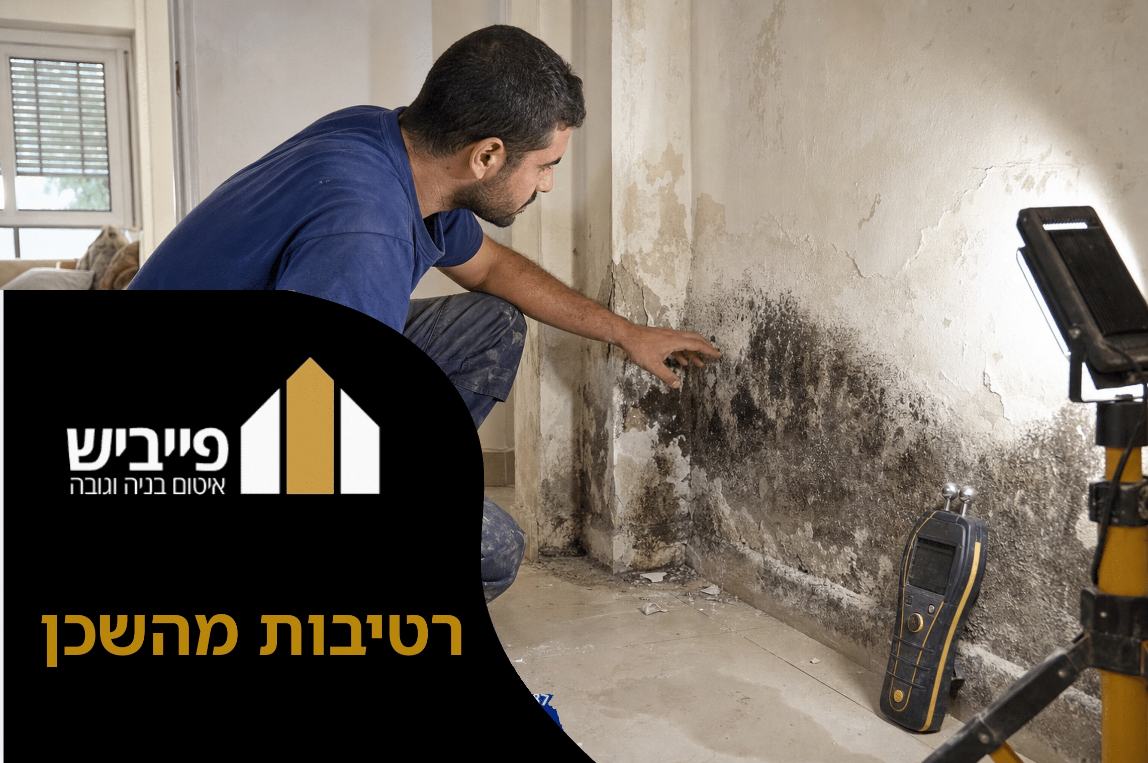 רטיבות מהשכן על קיר משותף עם כתם חום ועובש, דורש איטום מקצועי