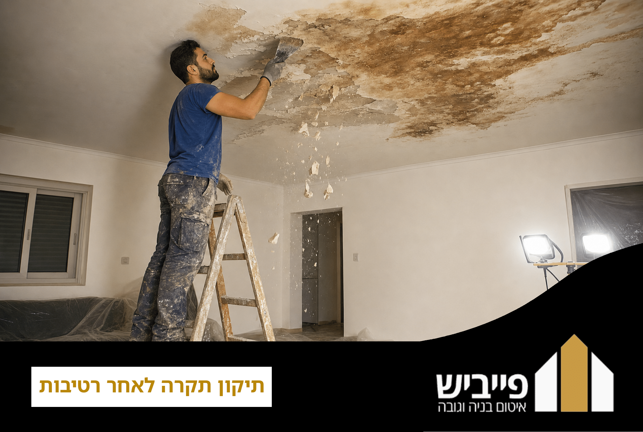 תיקון תקרה לאחר רטיבות עם הסרת גבס פגום וחשיפת בטון רטוב לצורך ייבוש מקצועי