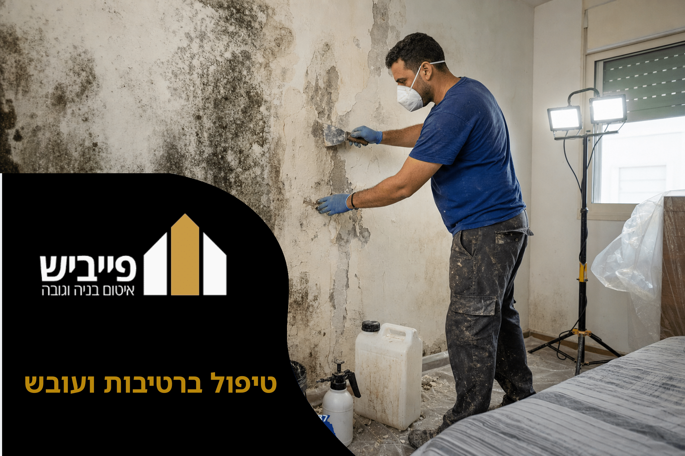 טיפול מקצועי ברטיבות ועובש בקיר חדר שינה, הסרת טיח נגוע וחיטוי עמוק על ידי פייביש איטום בנייה וגובה