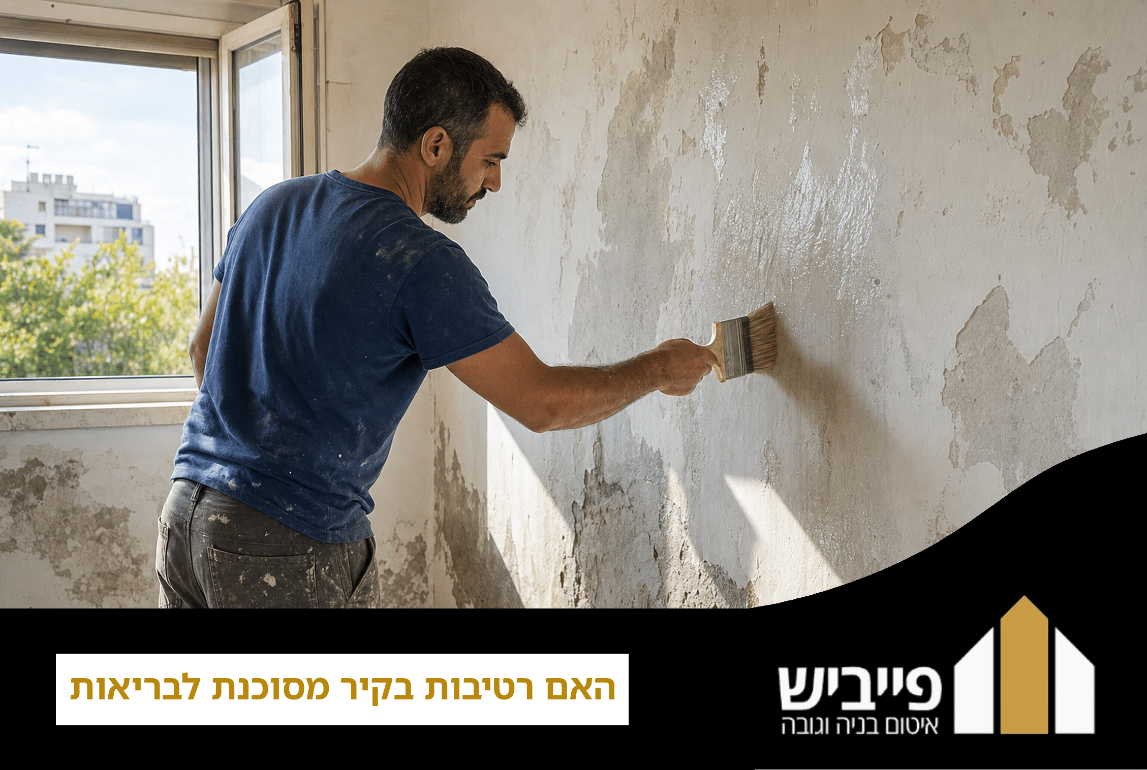 קיר פנימי עם נזקי רטיבות והתקלפות טיח המחייבים איטום ושיקום מקצועי כדי למנוע נזק בריאותי — פייביש
