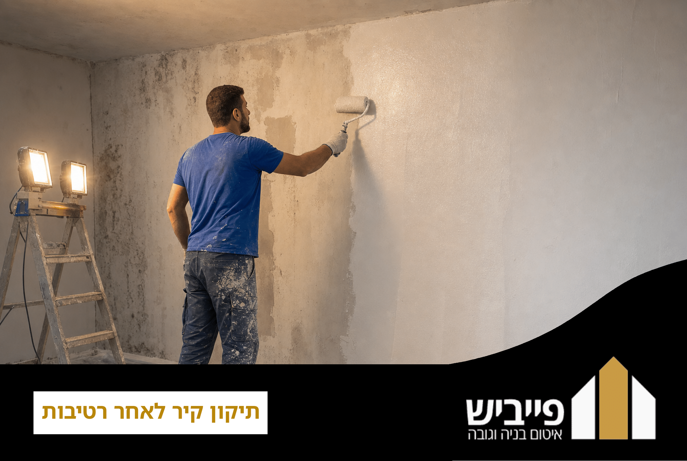 תהליך תיקון קיר רטוב — ייבוש תעשייתי וטיפול בעובש על ידי קבלן מוסמך מפייביש
