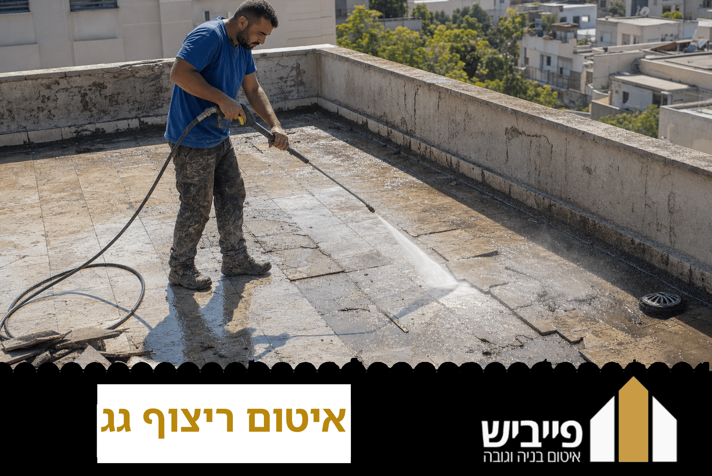 תהליך איטום ריצוף גג בפועל עם מריחת חומר איטום נוזלי על אריחי פורצלן