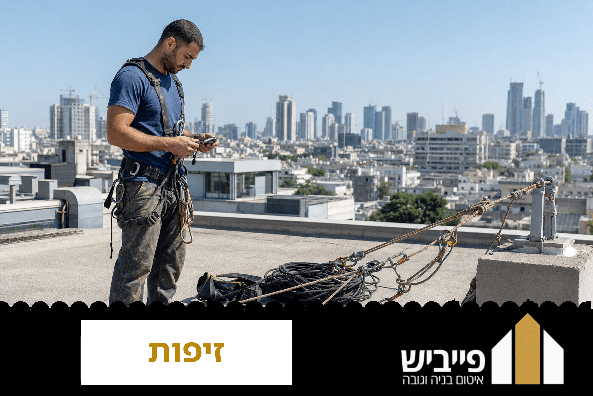 מומחה זיפות של פייביש מבצע תיקון סדק בחזית בגובה תוך שימוש ברתמה וחבלים בטיחותיים מאושרים