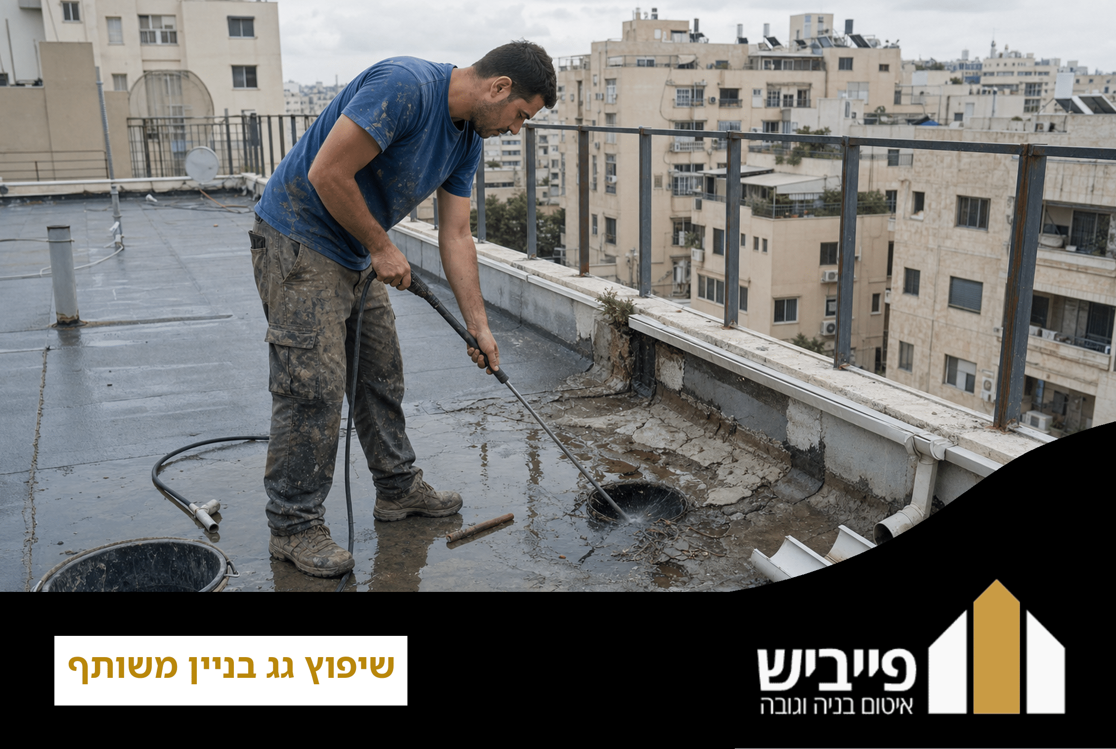 עבודת שיפוץ גג בבניין משותף בסנפלינג — איטום גג ותיקון מרזבים בגובה על ידי פייביש