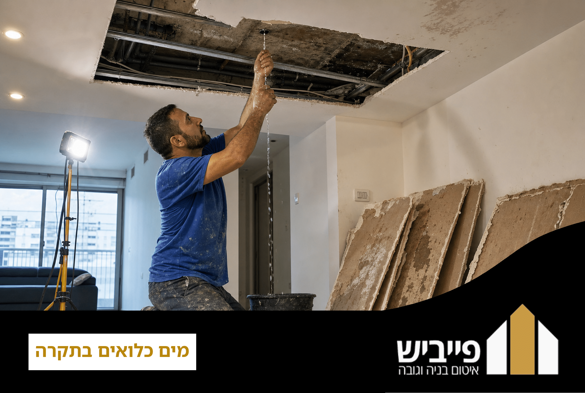 תקרת גבס נפוחה ורטובה עם מים כלואים בפנים, לפני תיקון מקצועי על ידי קבלן איטום מוסמך