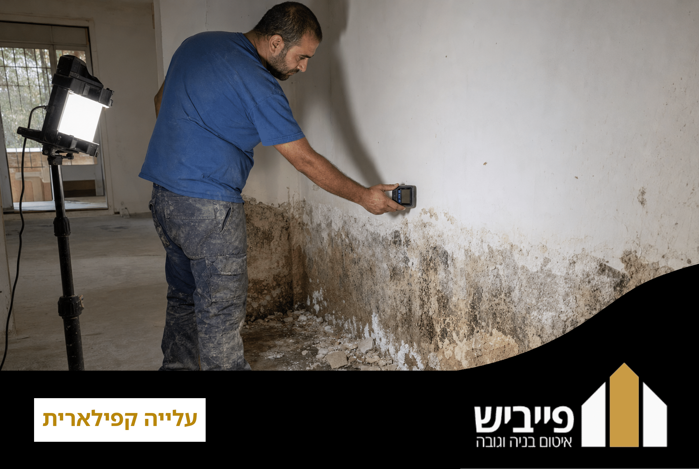 קיר פנימי עם טיח מתקלף וכתמי רטיבות בתחתית — תוצאת עלייה קפילארית ממי תהום קרובים