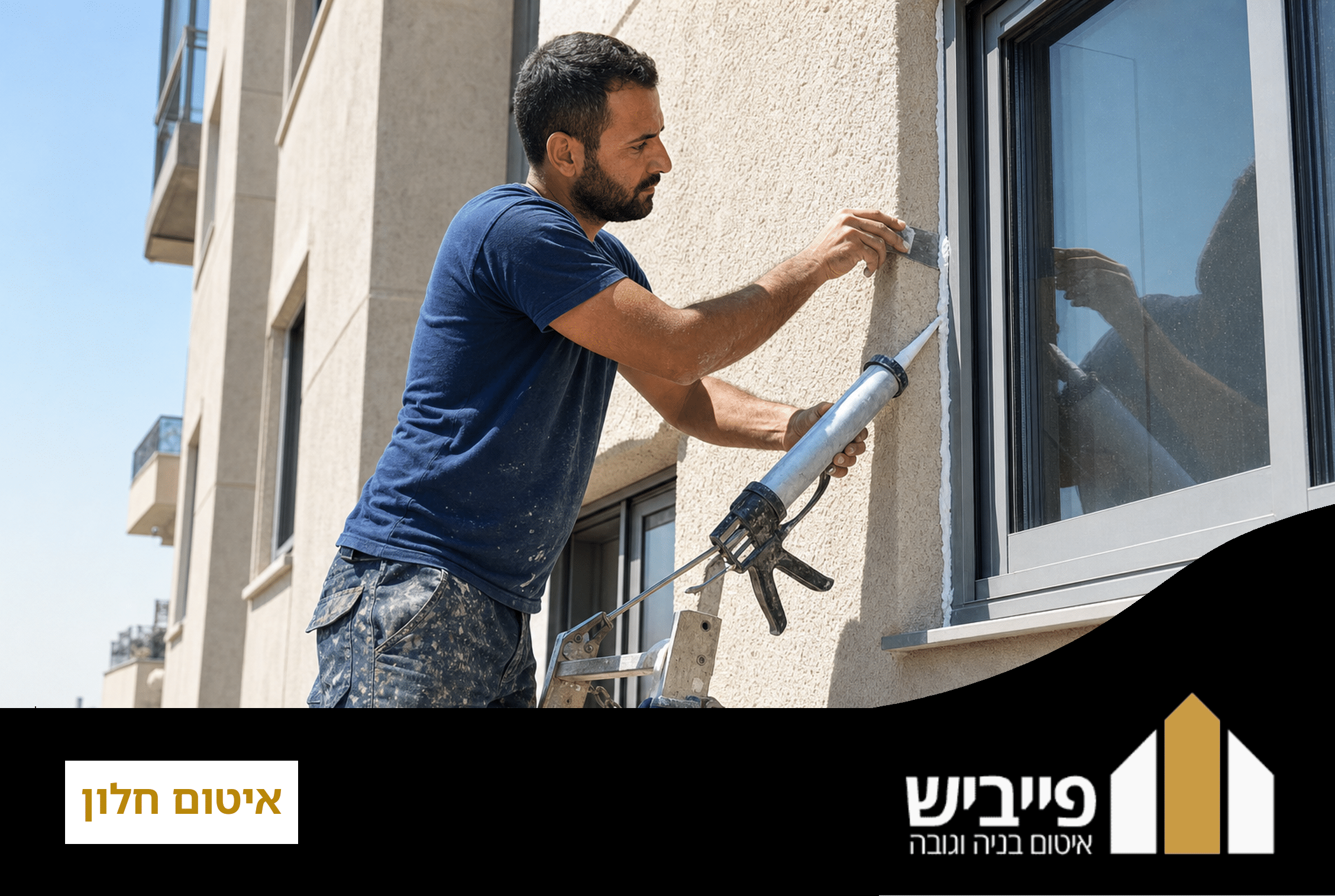 תיקון איטום חלון לקוי בבניין מגורים, עם הסרת חומר ישן ומריחת סיליקון חדש
