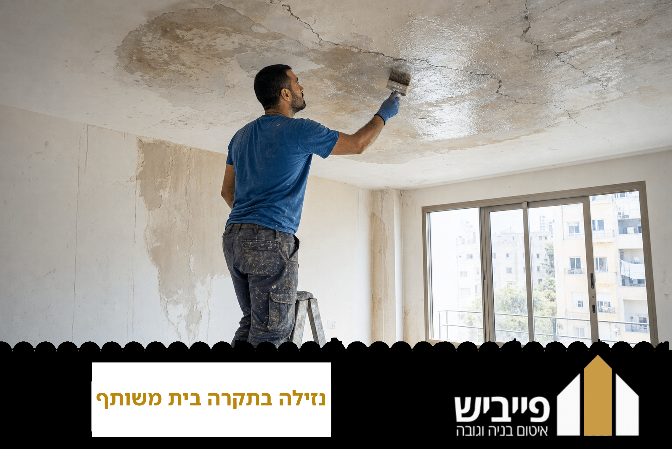 תיקון נזילה בתקרה על ידי קבלן מקצועי מפייביש, עם פירוק שכבות איטום ושחזור לאחר איטור מדויק של המקור