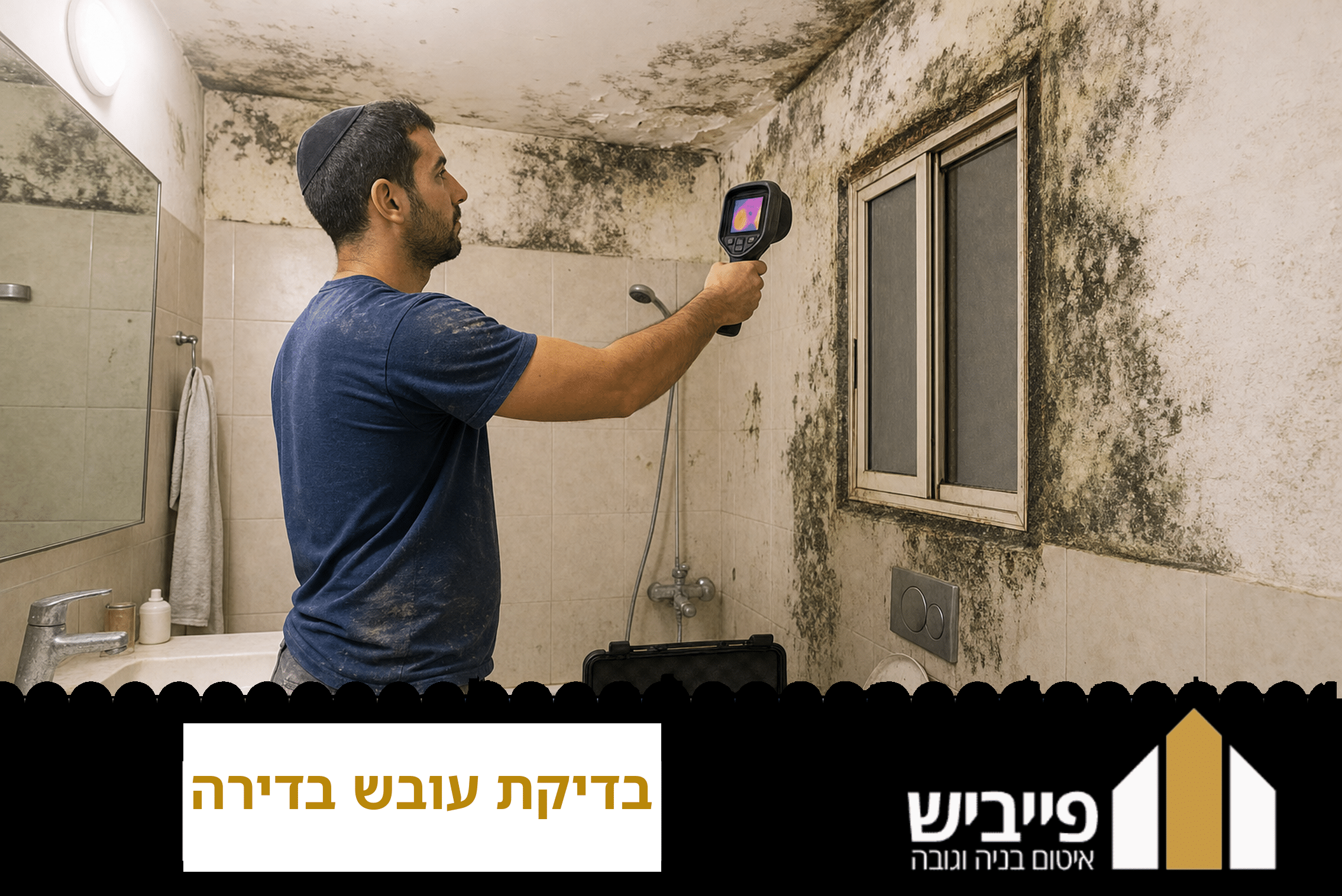 מומחה מבצע בדיקת עובש בדירה עם מצלמה תרמית לזיהוי רטיבות סמויה — פייביש 750+ פרויקטים מוצלחים