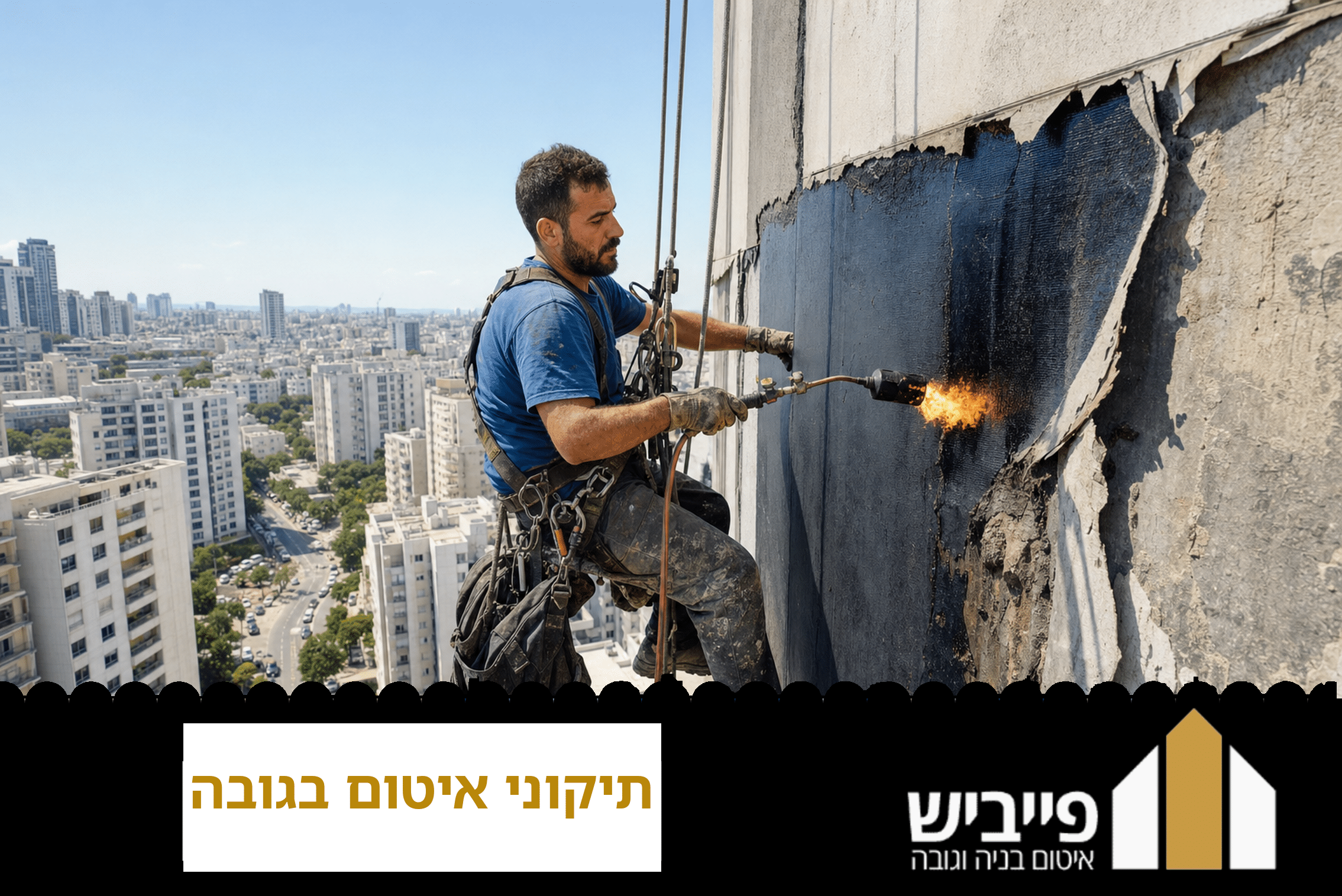 עבודות תיקוני איטום בגובה — מומחה פייביש גולש על חבלים ומטפל בנזילה בקיר חיצוני של מבנה רב-קומות
