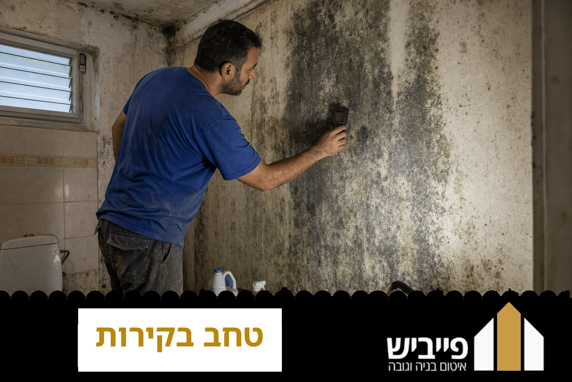 איש מקצוע מנקה טחב בקירות בחדר אמבטיה עם ציוד מקצועי ומסכה
