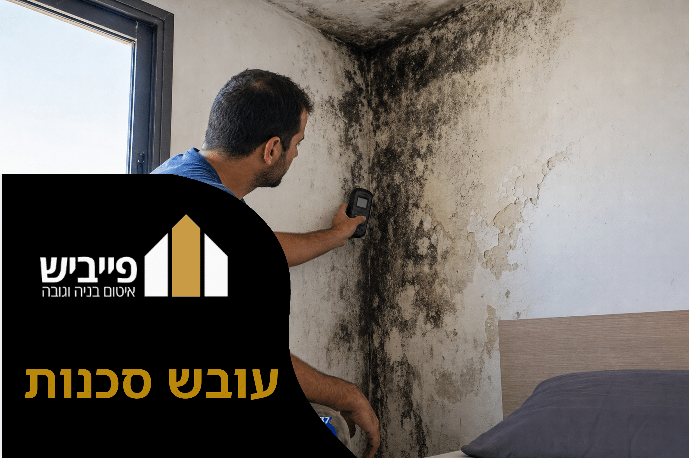 פינת חדר עם עובש על תקרה ומסגרת חלון — עובש סכנות שדורשות טיפול מקצועי מיידי