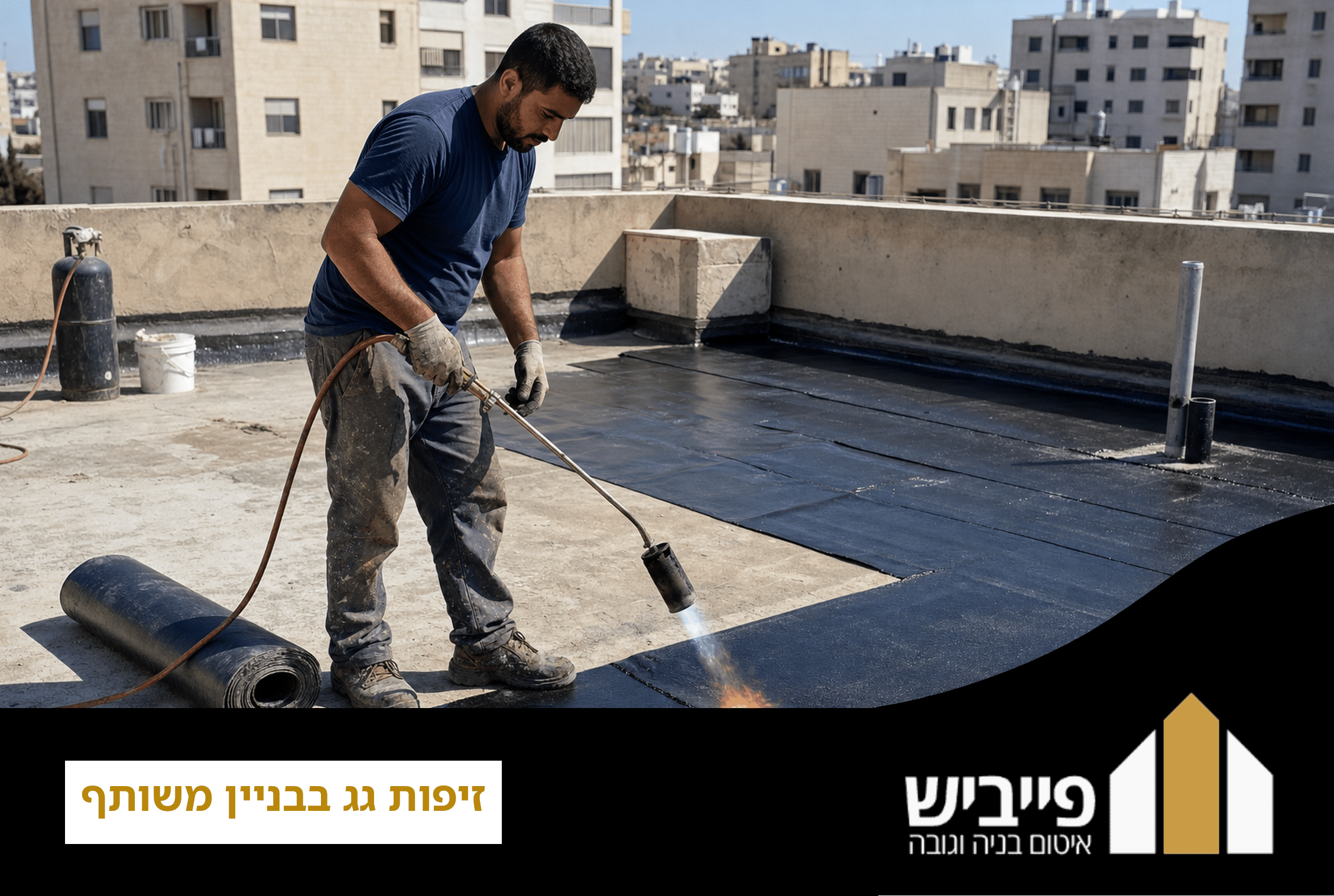 תיקון זיפות גג בבניין משותף בסנפלינג — קבלן מוסמך של פייביש מבצע איטום מקצועי בגובה עם ציוד בטיחות