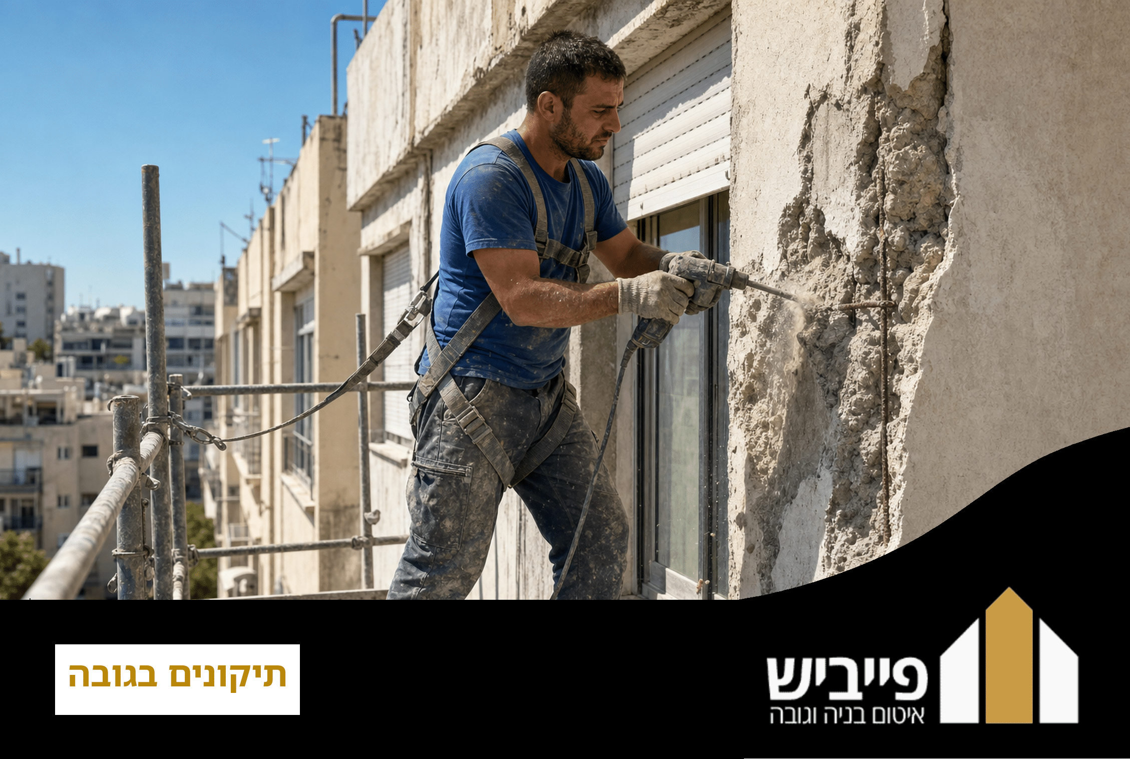 עבודת תיקונים בגובה על קיר חיצוני, כולל איטום סדקים ושיקום בטון מתפורר, בביצוע קבלן רשום