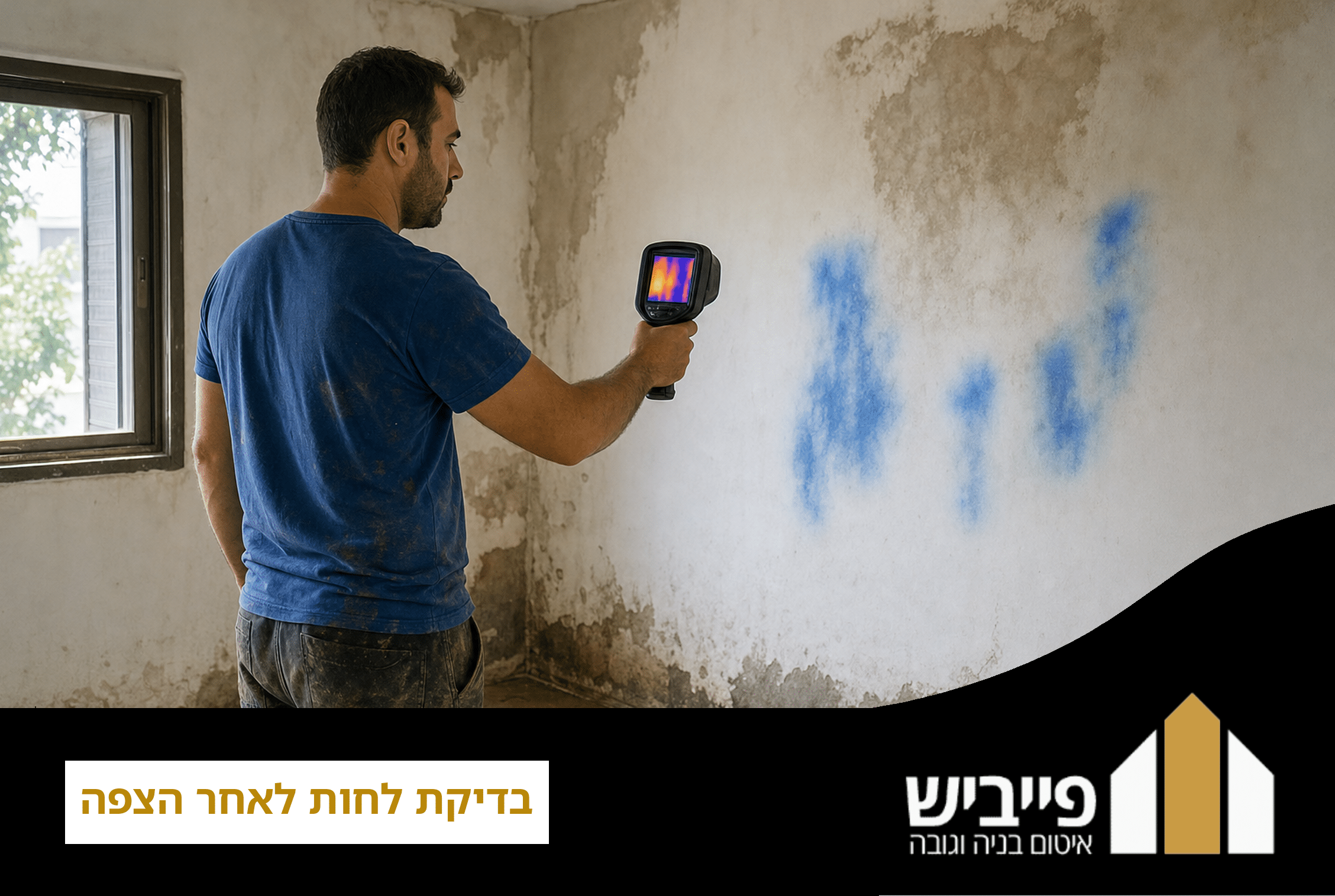 מצלמה תרמוגרפית מסרקת קיר רטוב אחרי הצפה, מראה אזורים כחולים המציינים רטיבות נסתרת