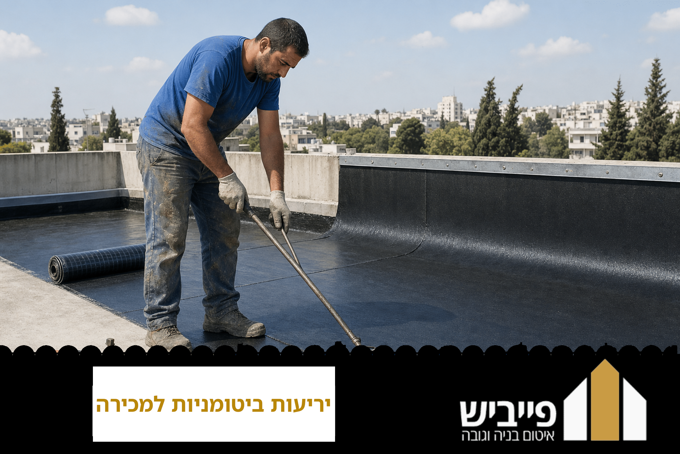 התקנת יריעות ביטומניות בריתוך חם על גג בית פרטי, מבער גז מחמם את שכבת הביטומן ליצירת איטום אטום ועמיד